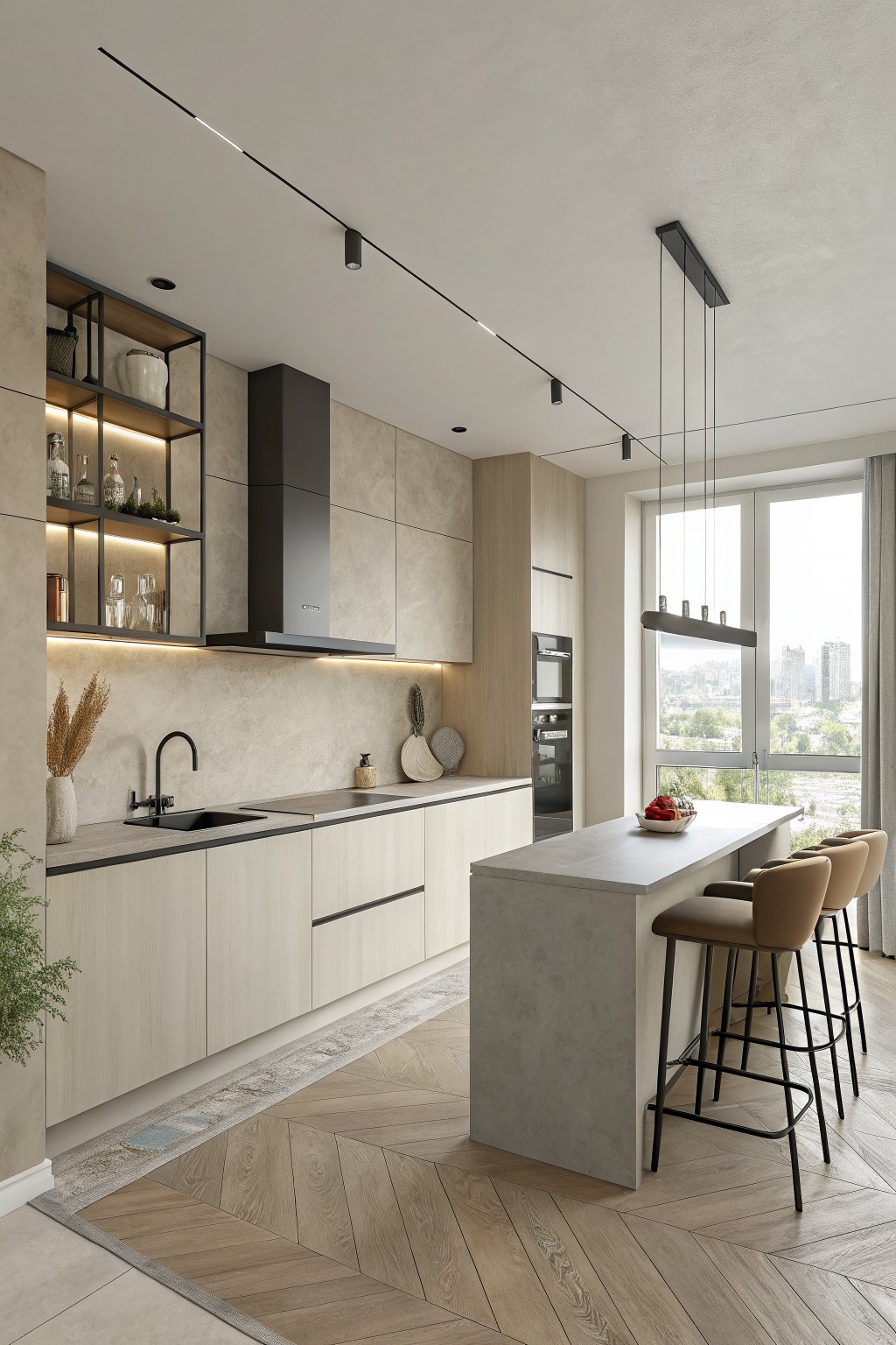 Warm cream walls in a kitchen with light wood cabinets and a concrete island.