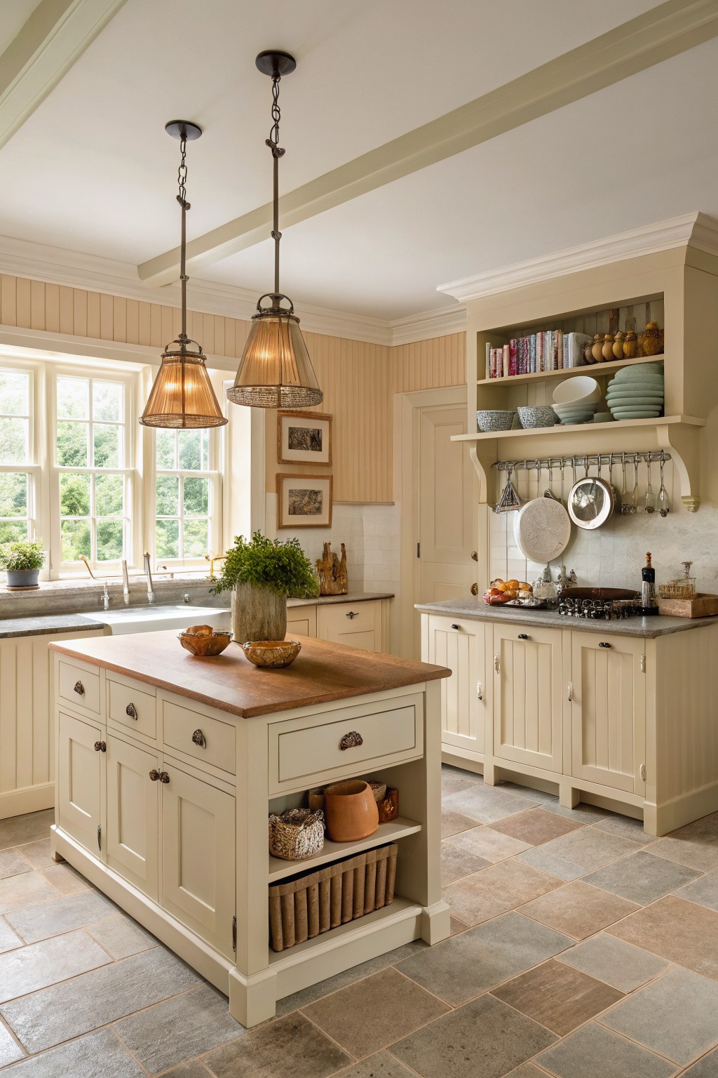 Cream painted cabinets in a kitchen with wood countertops and stone flooring.