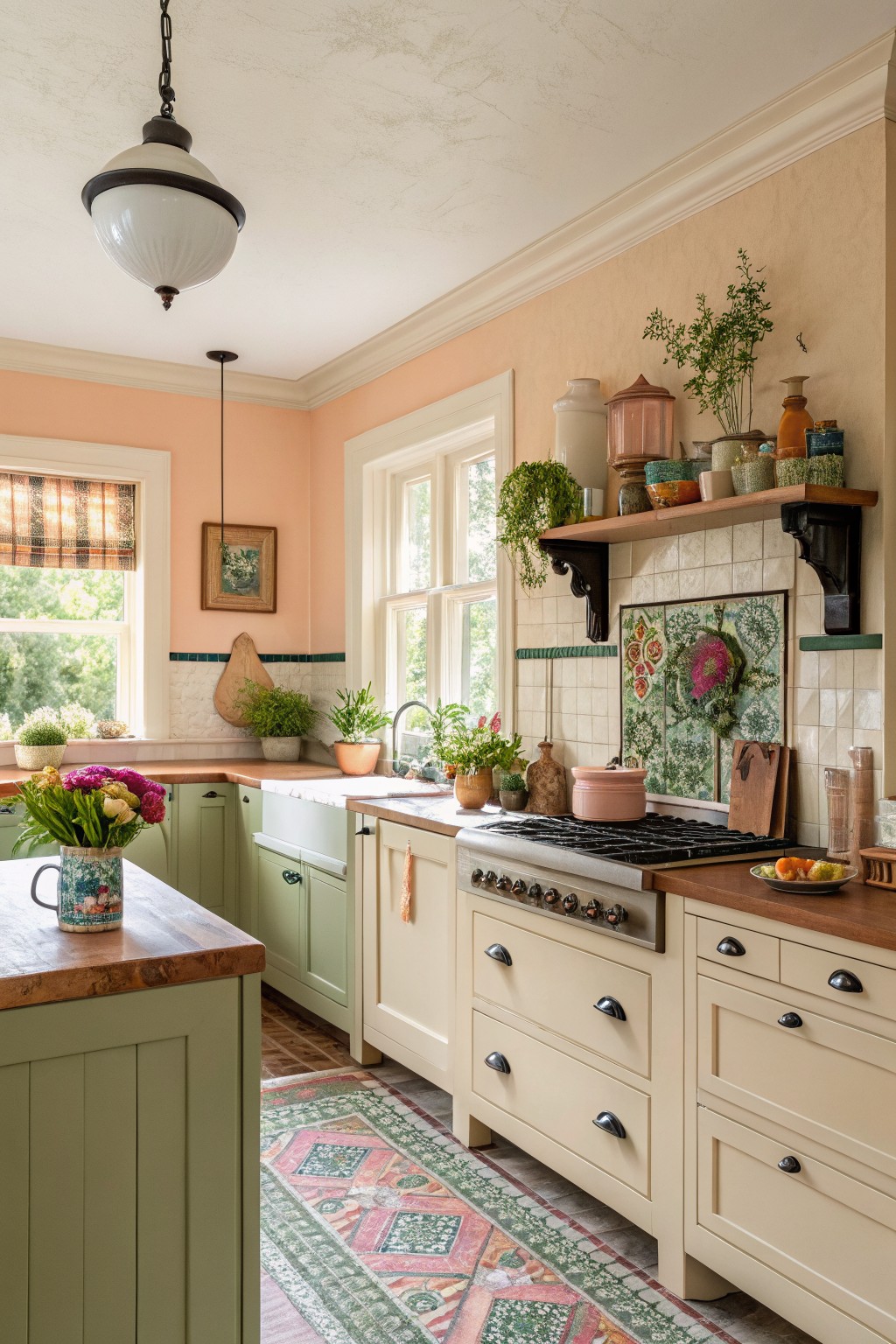 Warm cream cabinets in a kitchen with wood countertops and a stove area.