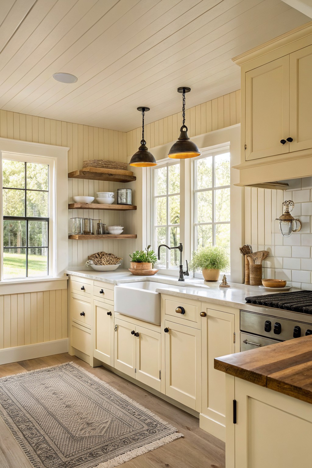 Cream kitchen with farmhouse sink, marble counters, wooden shelves, and pendant lights