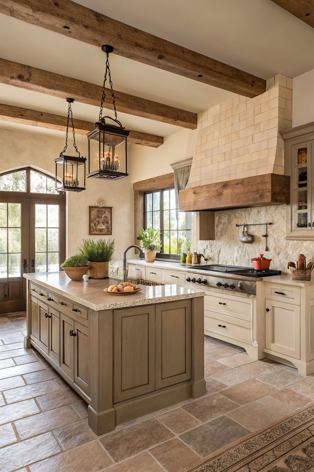 Warm greige cabinets in a kitchen with wood beams and stone backsplash.