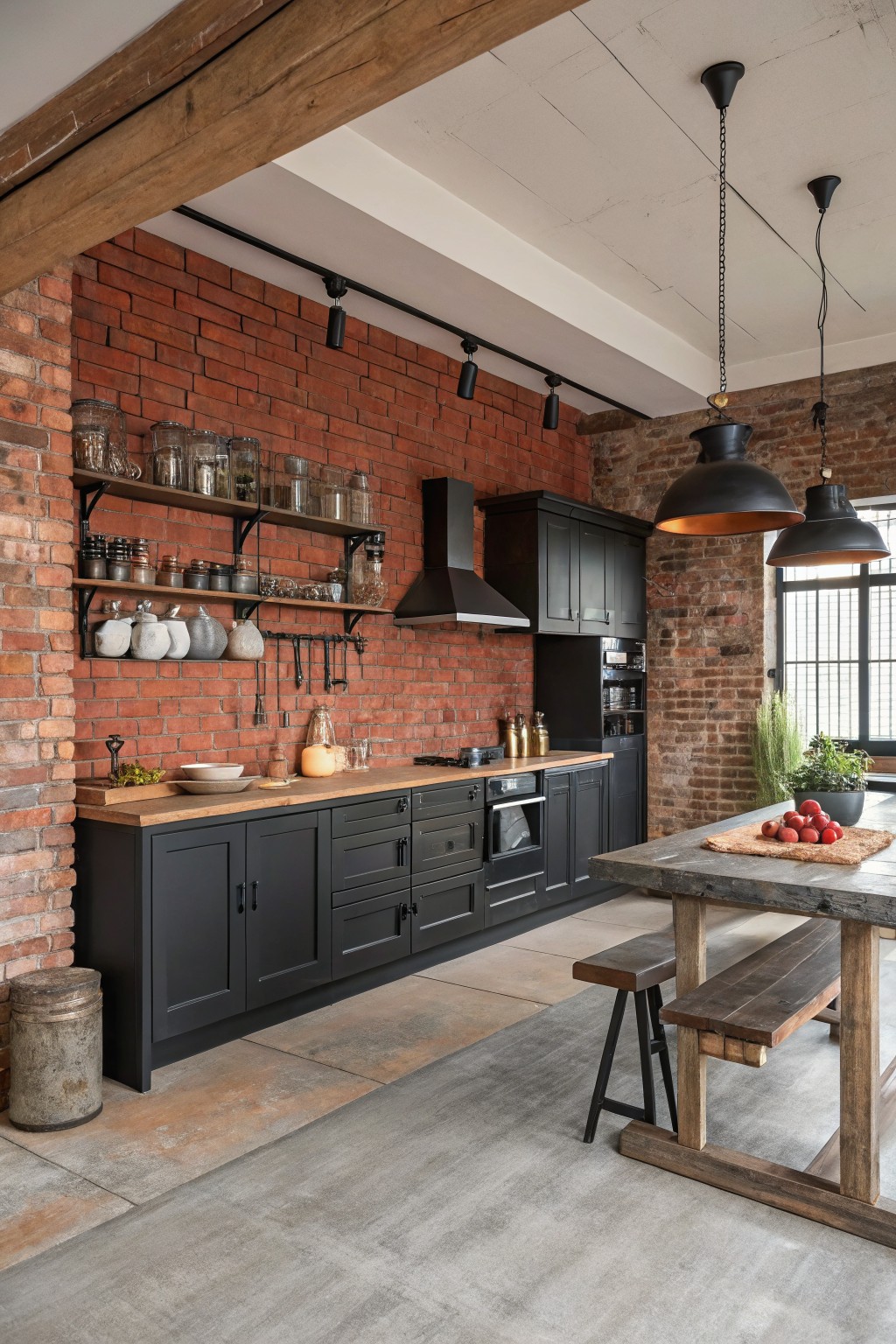 Kitchen with deep charcoal cabinets set against a red brick wall.
