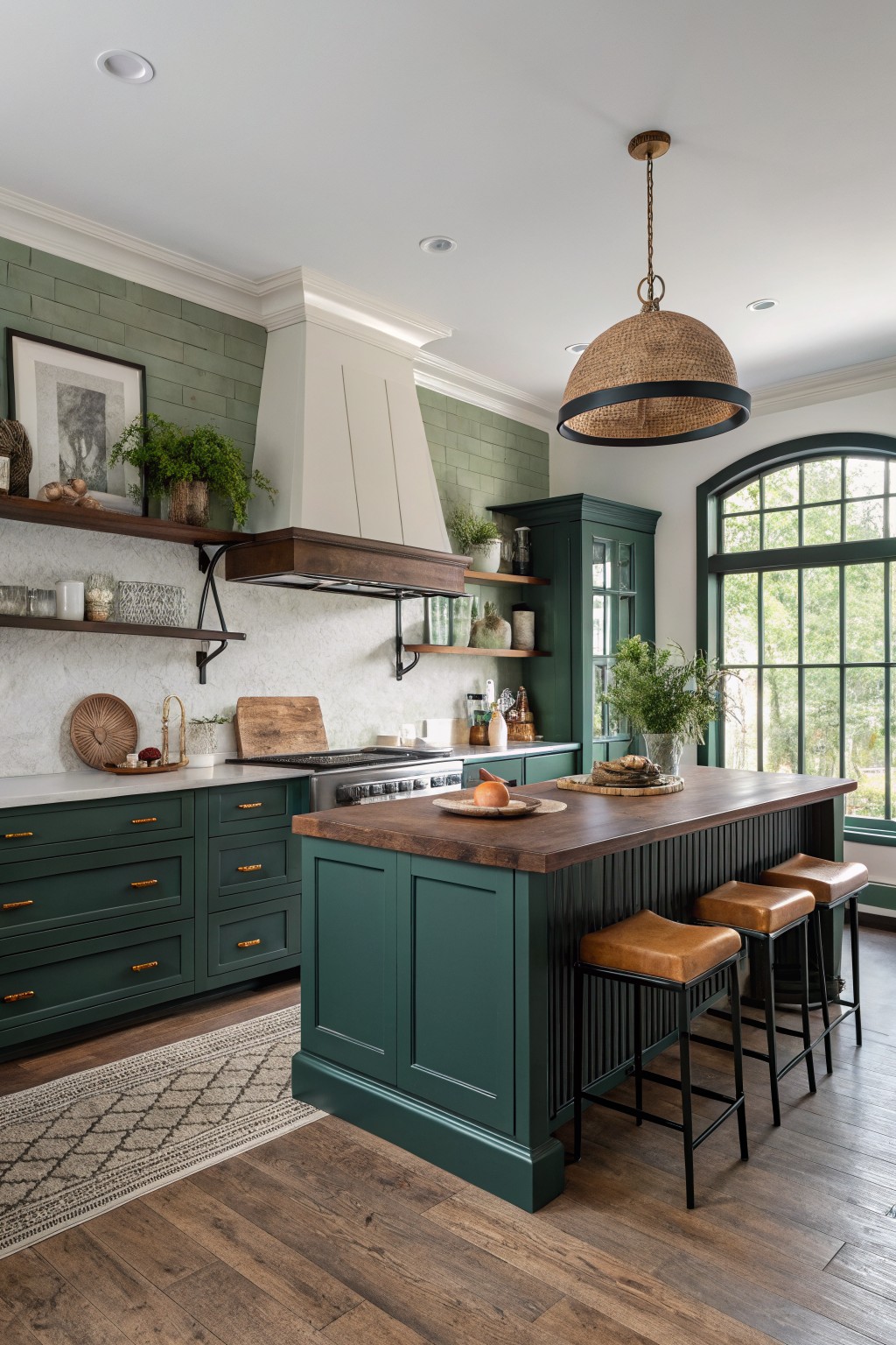 A kitchen with deep green cabinets and a matching island.