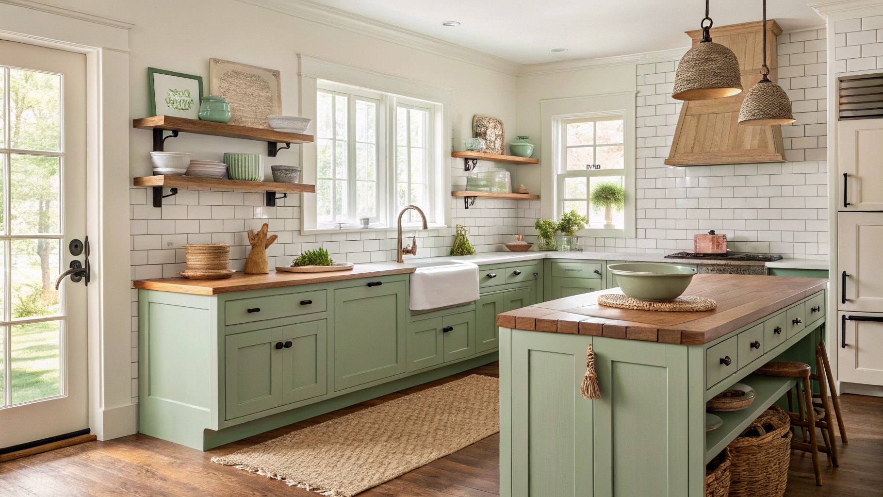 Sage green cabinets in a kitchen with wood countertops and open shelves.