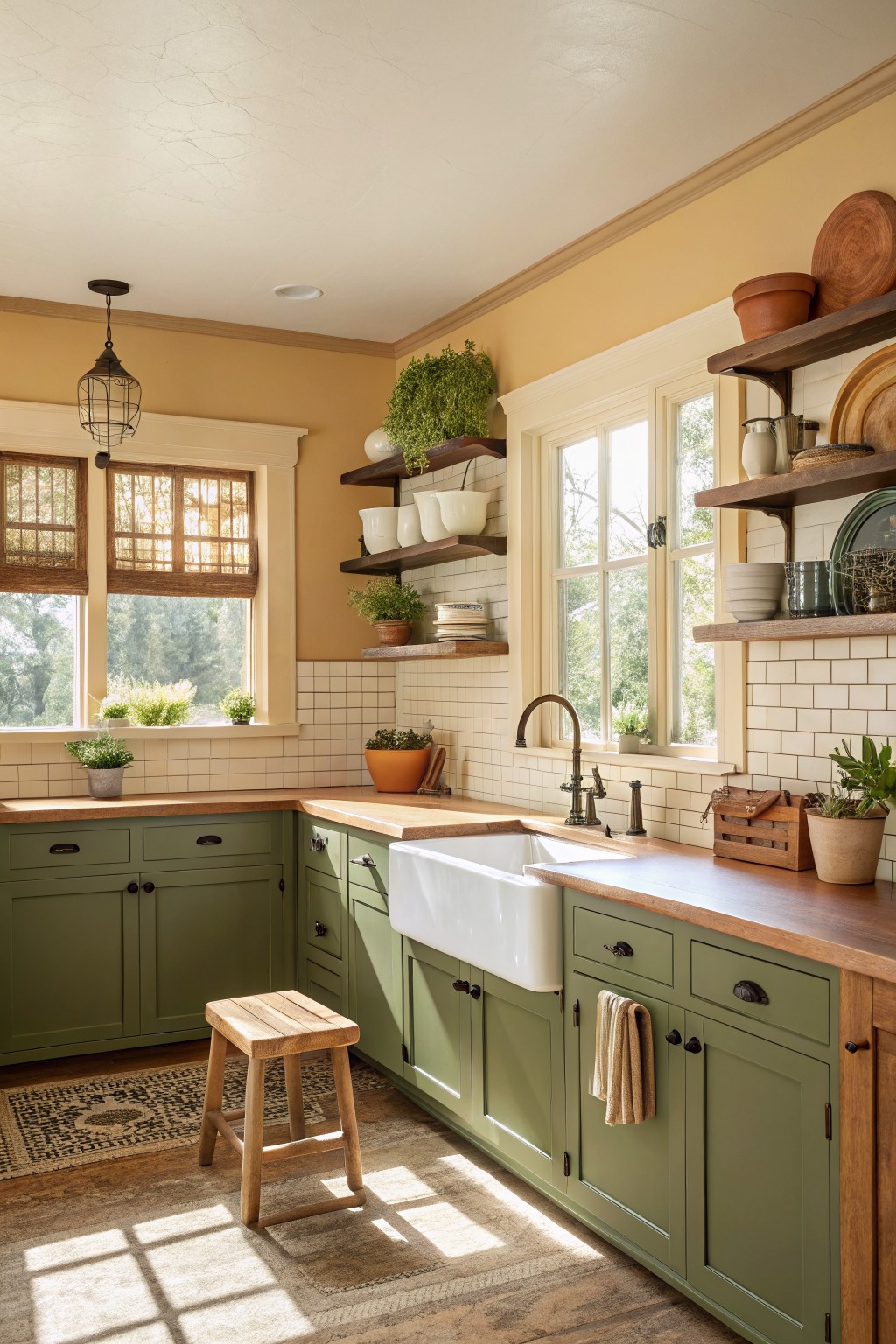 Green kitchen cabinets with wood countertops and white tile backsplash.