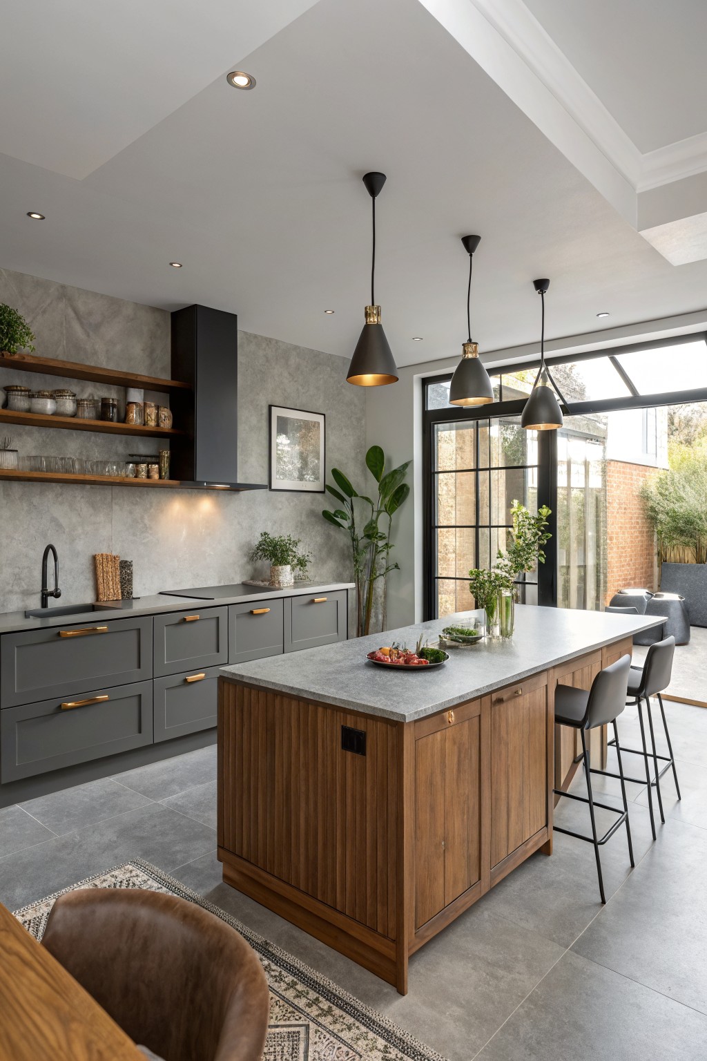 Kitchen with muted sage gray cabinets and a wooden island.
