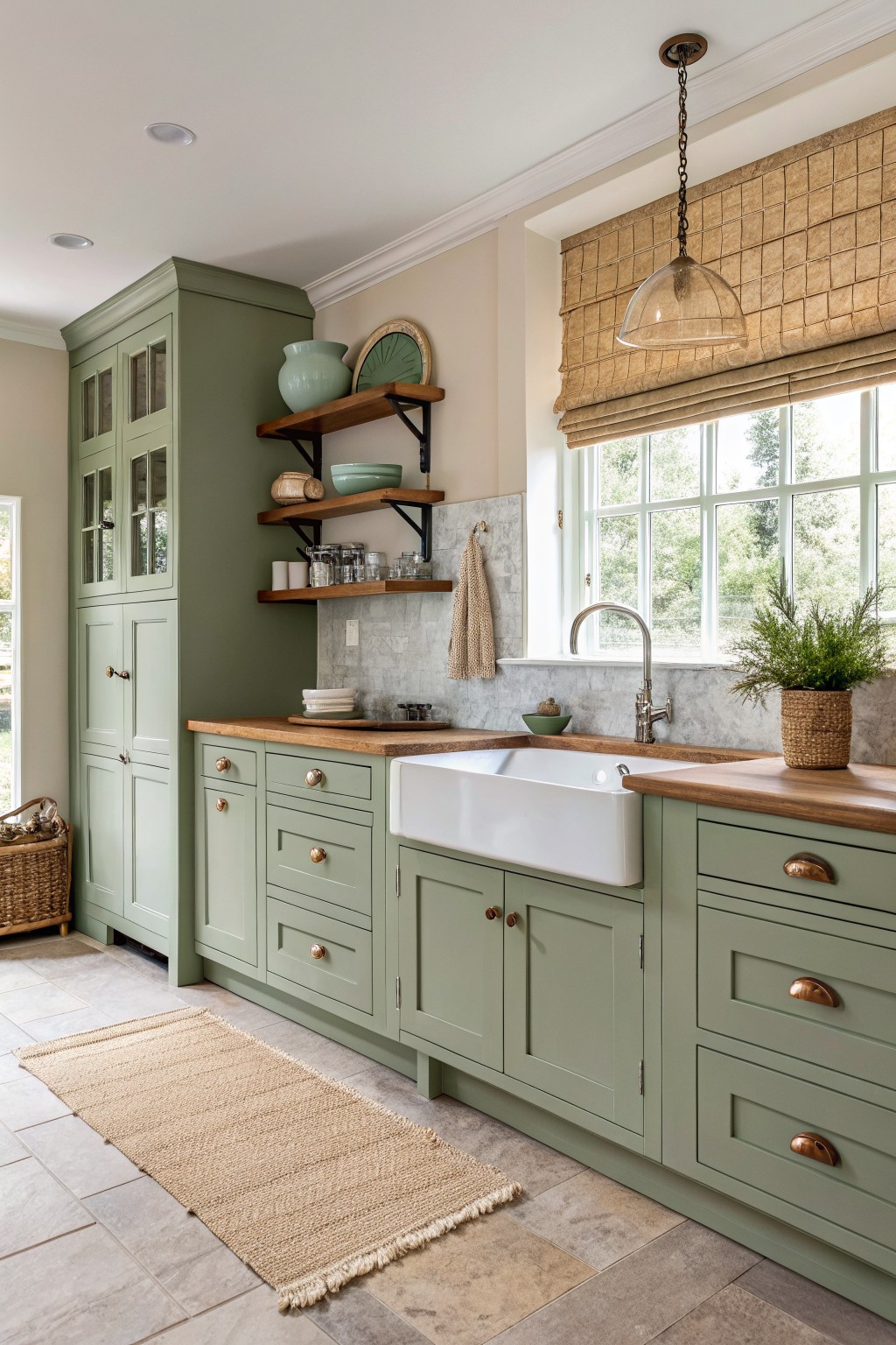 Sage green cabinets in a kitchen with wood countertops and open shelves.