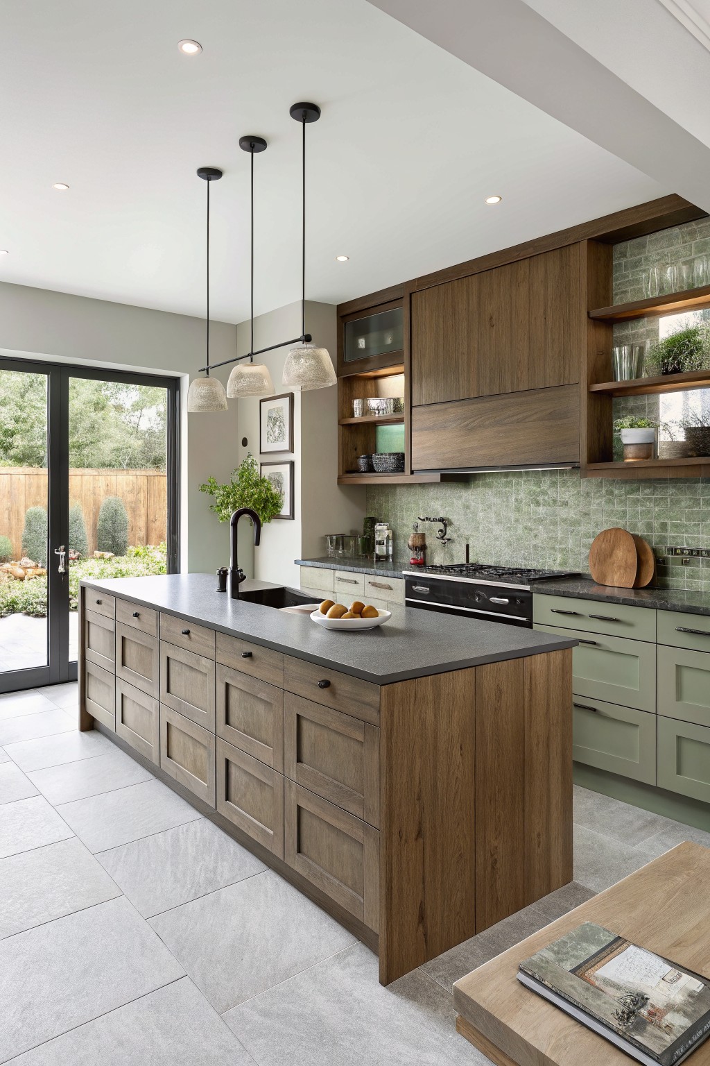 A kitchen with soft warm gray walls and wood cabinetry.