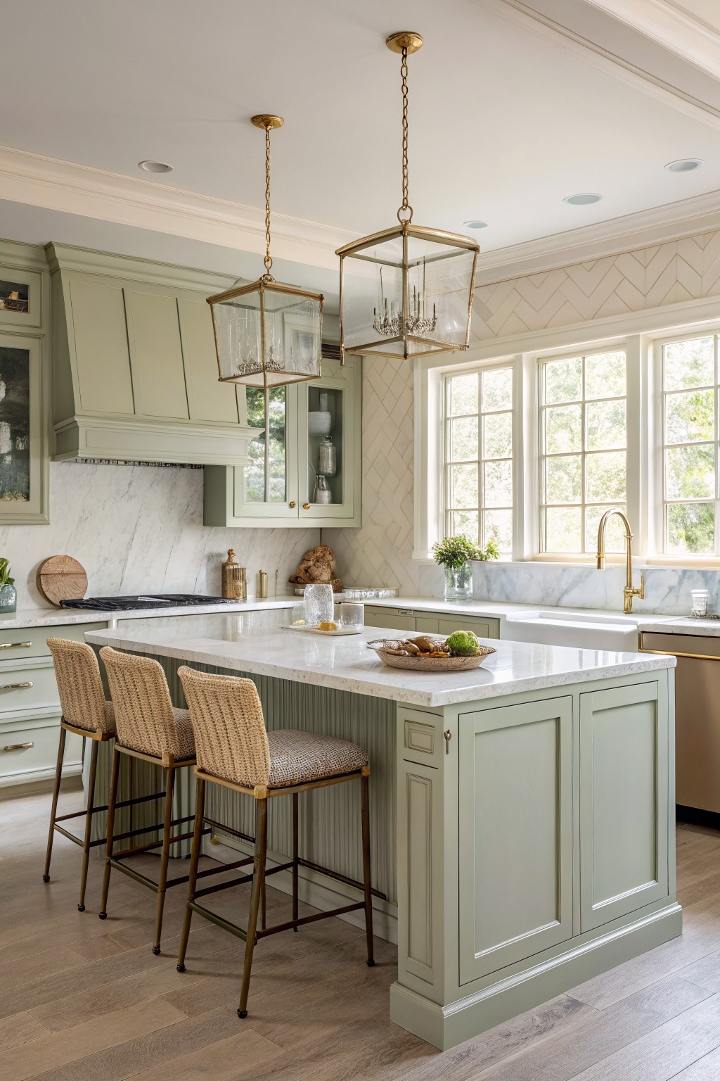 A kitchen island and cabinets painted in a soft sage green.