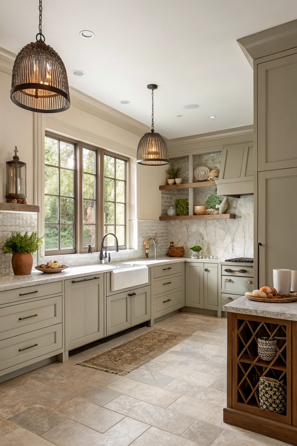 Bright kitchen with gray cabinets, farmhouse sink, marble backsplash, and wood island.