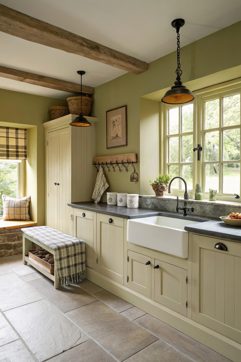 Sage green walls in a kitchen with cream cabinets and a farmhouse sink.