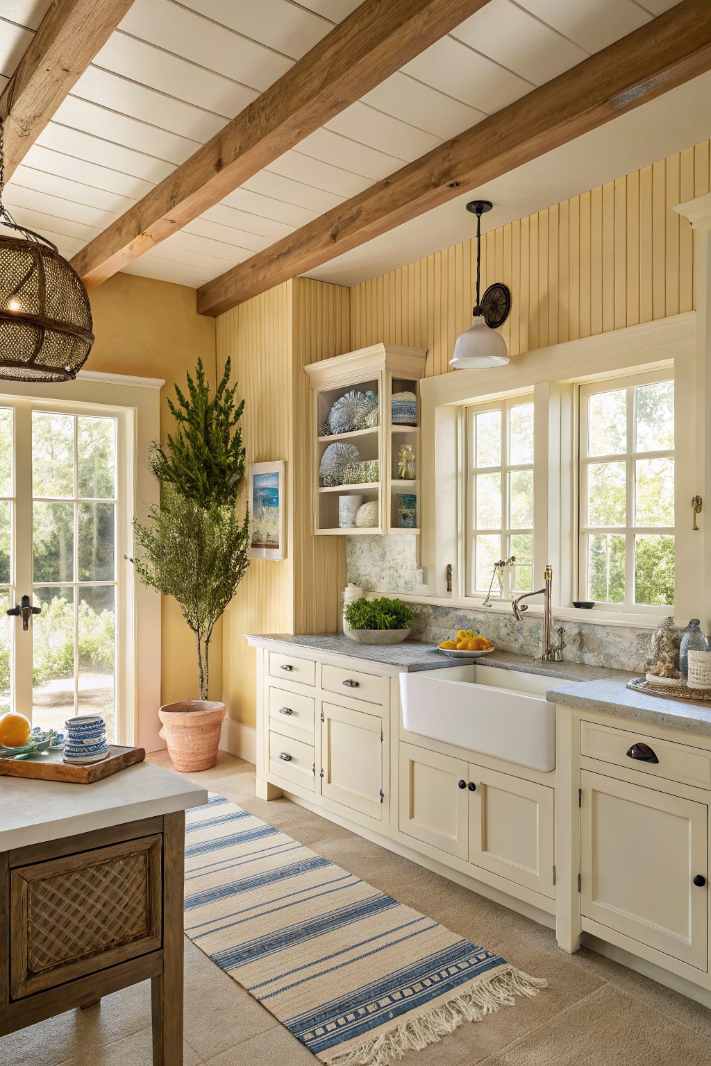 A kitchen with soft yellow walls, white cabinets, and a farmhouse sink.