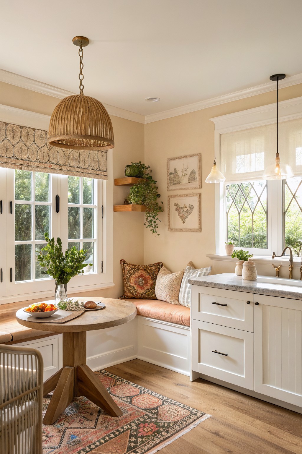 Cozy kitchen nook with round wooden table, cushioned bench, pendant lights, and plants