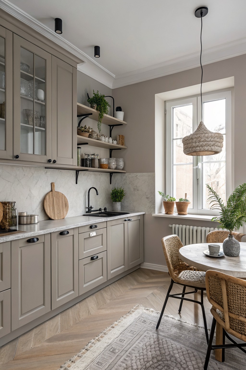 A kitchen with soft greige cabinets, walls, and open shelving next to a round dining table.