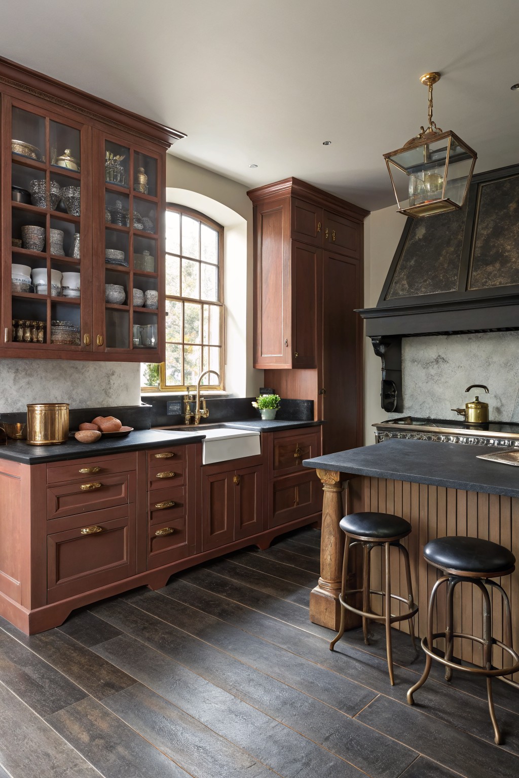 A kitchen with warm greige walls and dark wood cabinets.