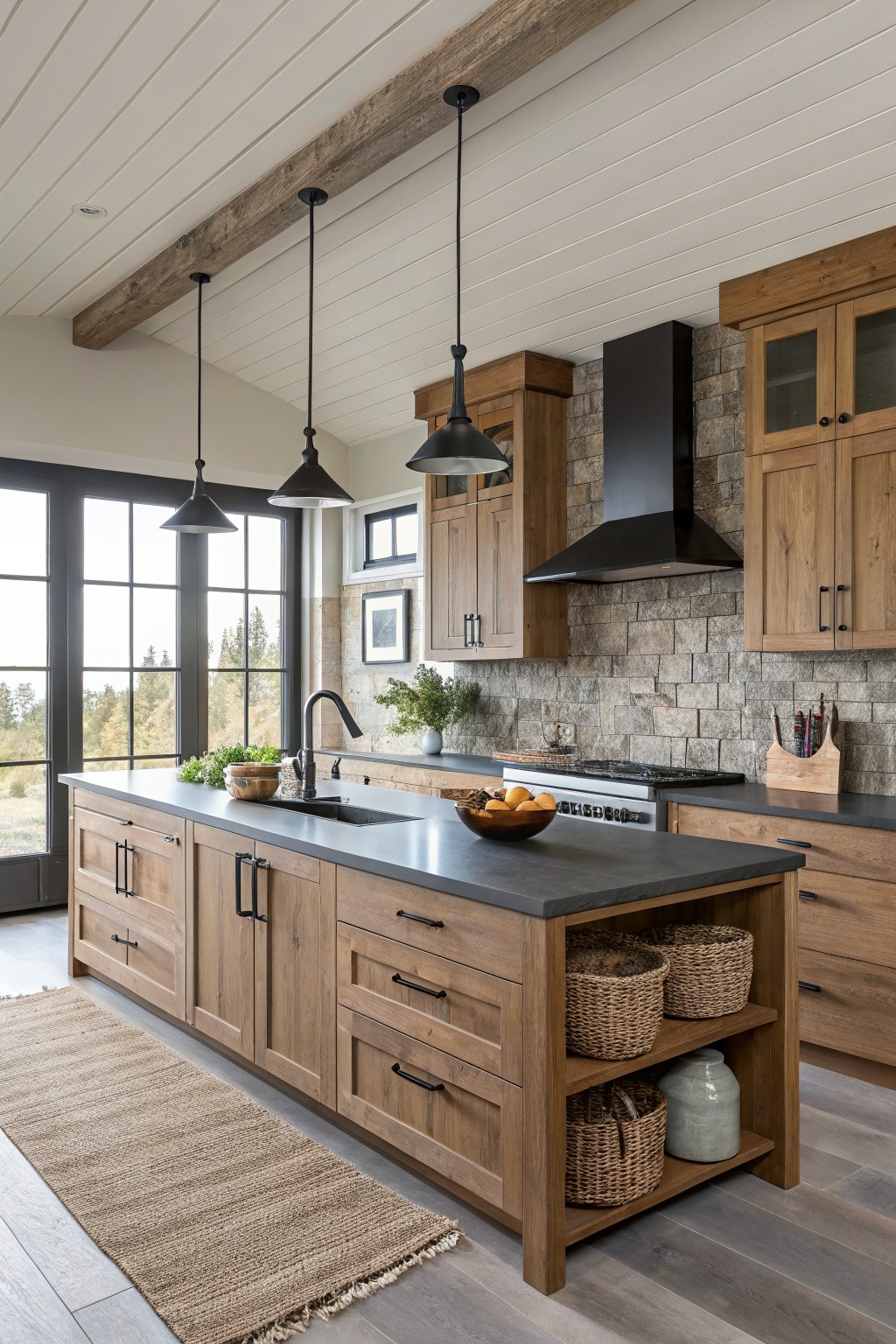 A kitchen with warm off-white walls, wood cabinets, and a stone backsplash.