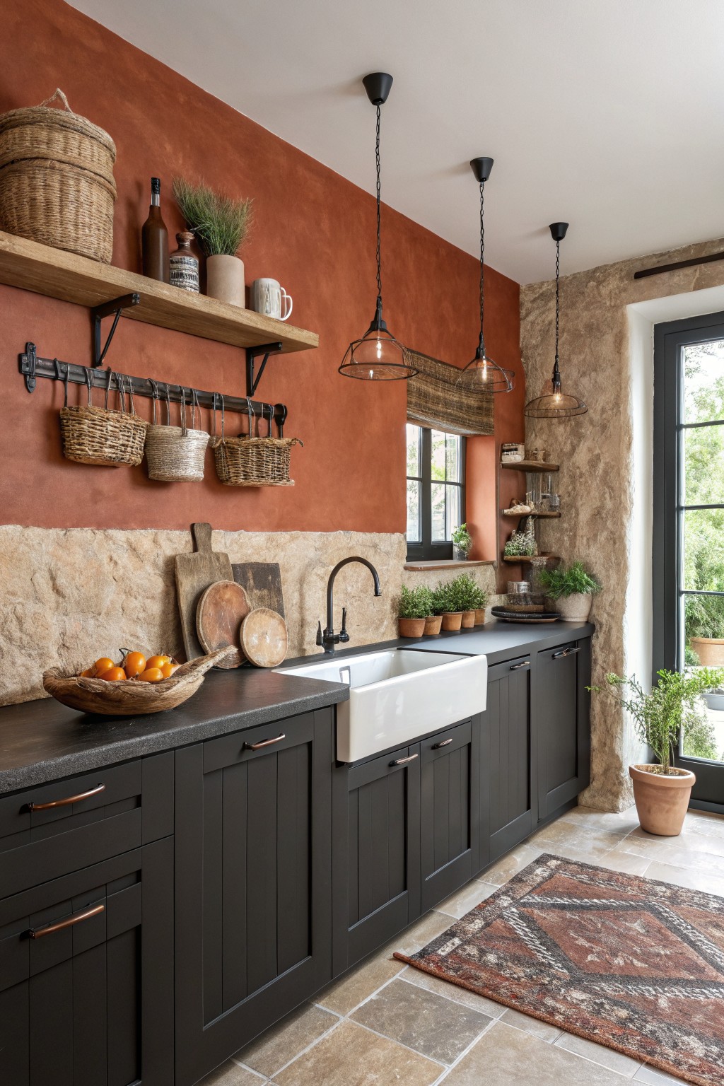 A kitchen featuring warm terracotta walls above dark cabinets and a white farmhouse sink.
