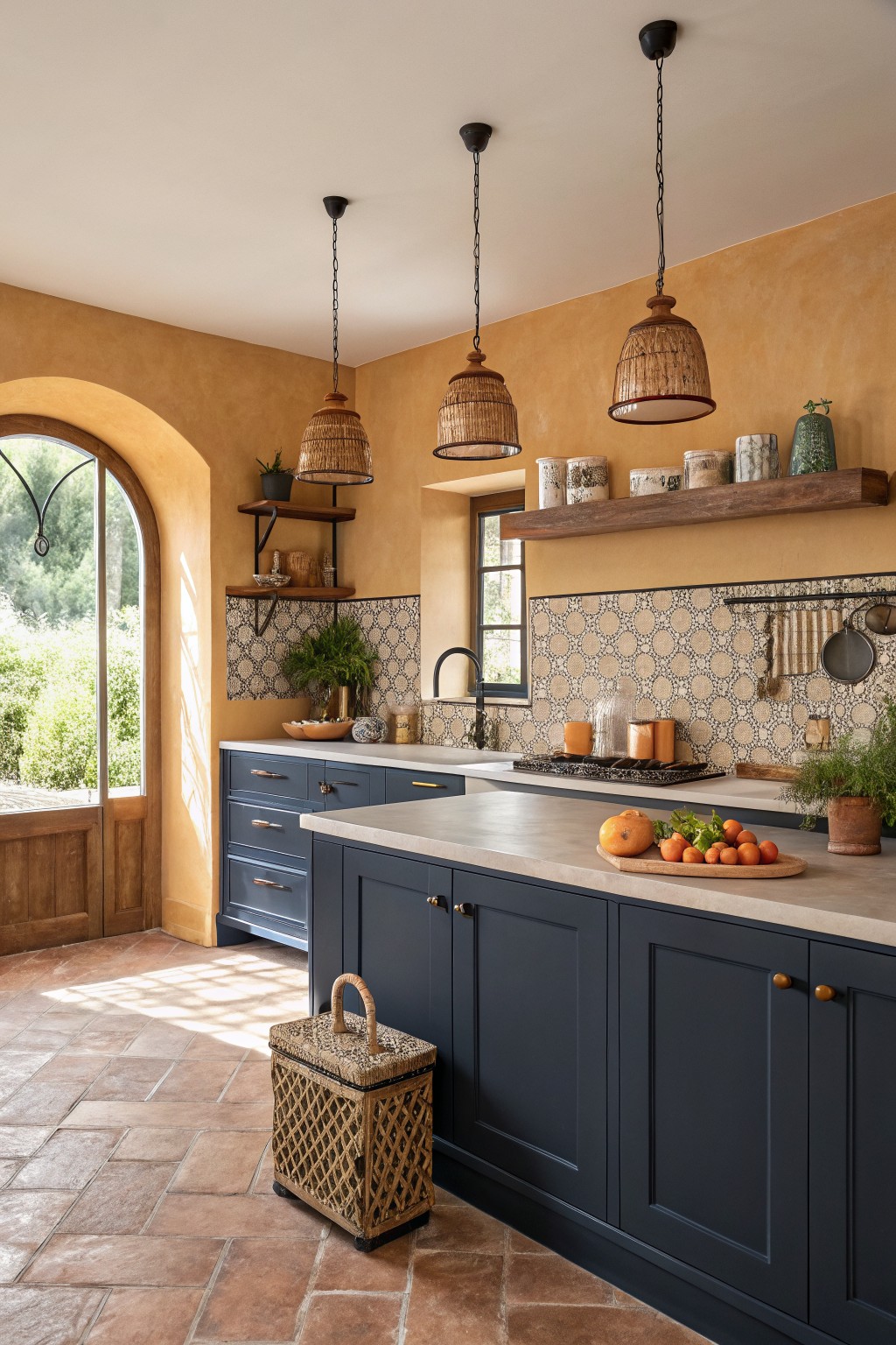 A kitchen featuring warm terracotta walls paired with dark blue cabinets.