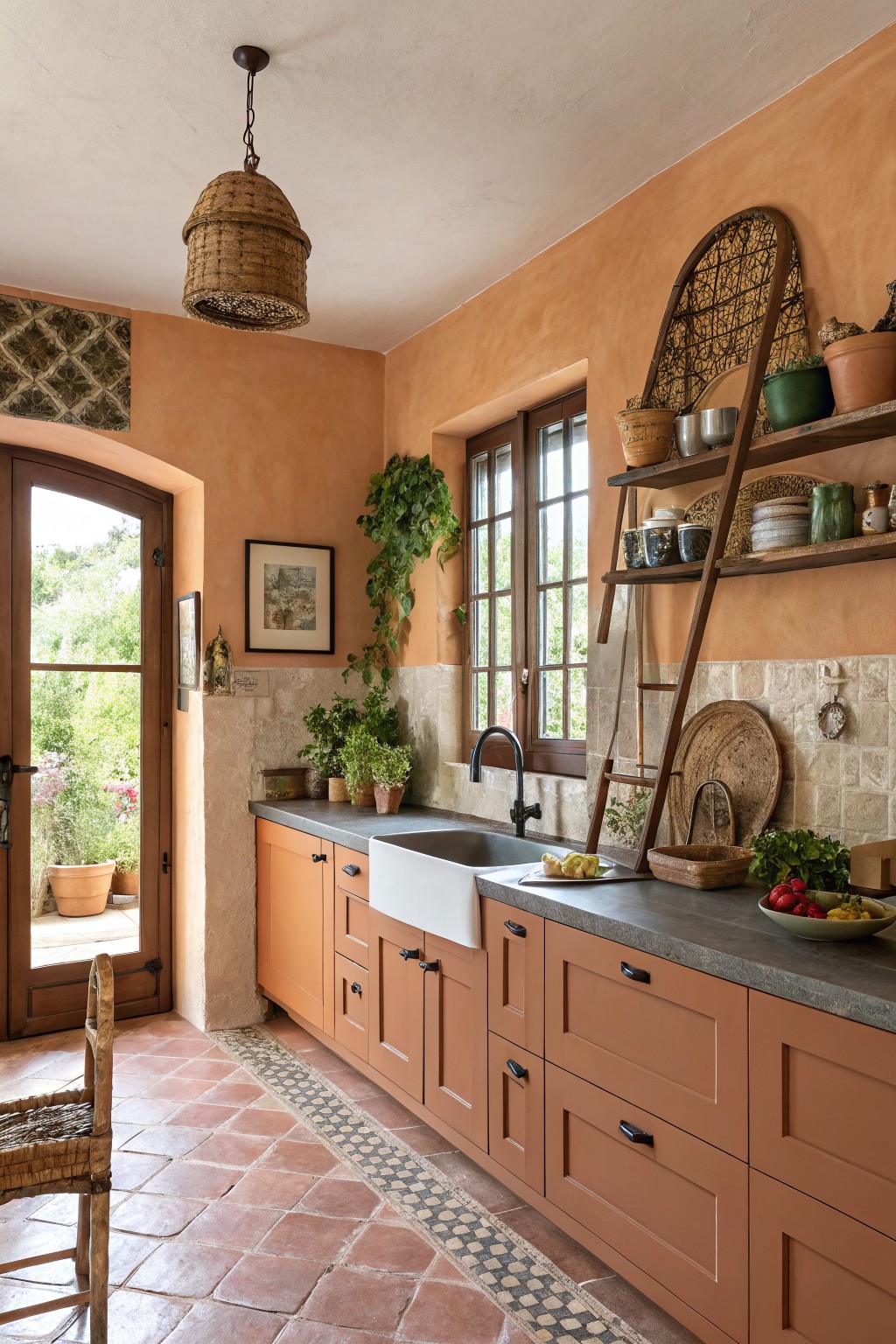 Kitchen walls and cabinets painted in a warm terracotta shade.