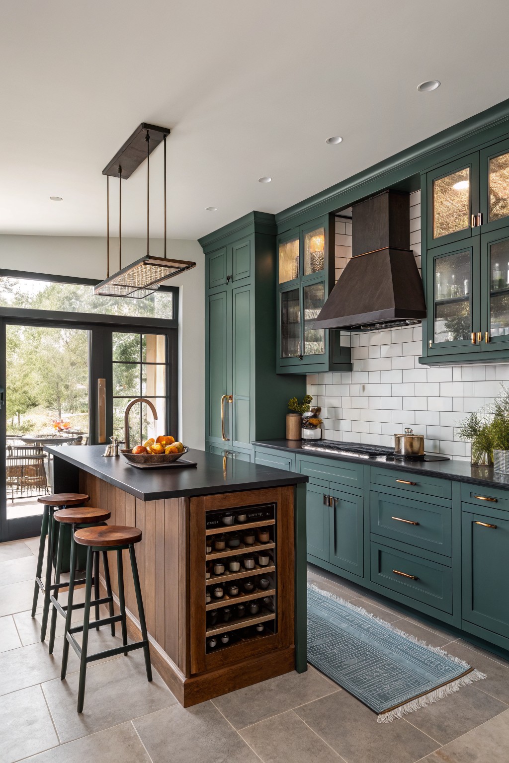 Dark green cabinets cover the walls of a spacious kitchen with a wood island and white tile backsplash.