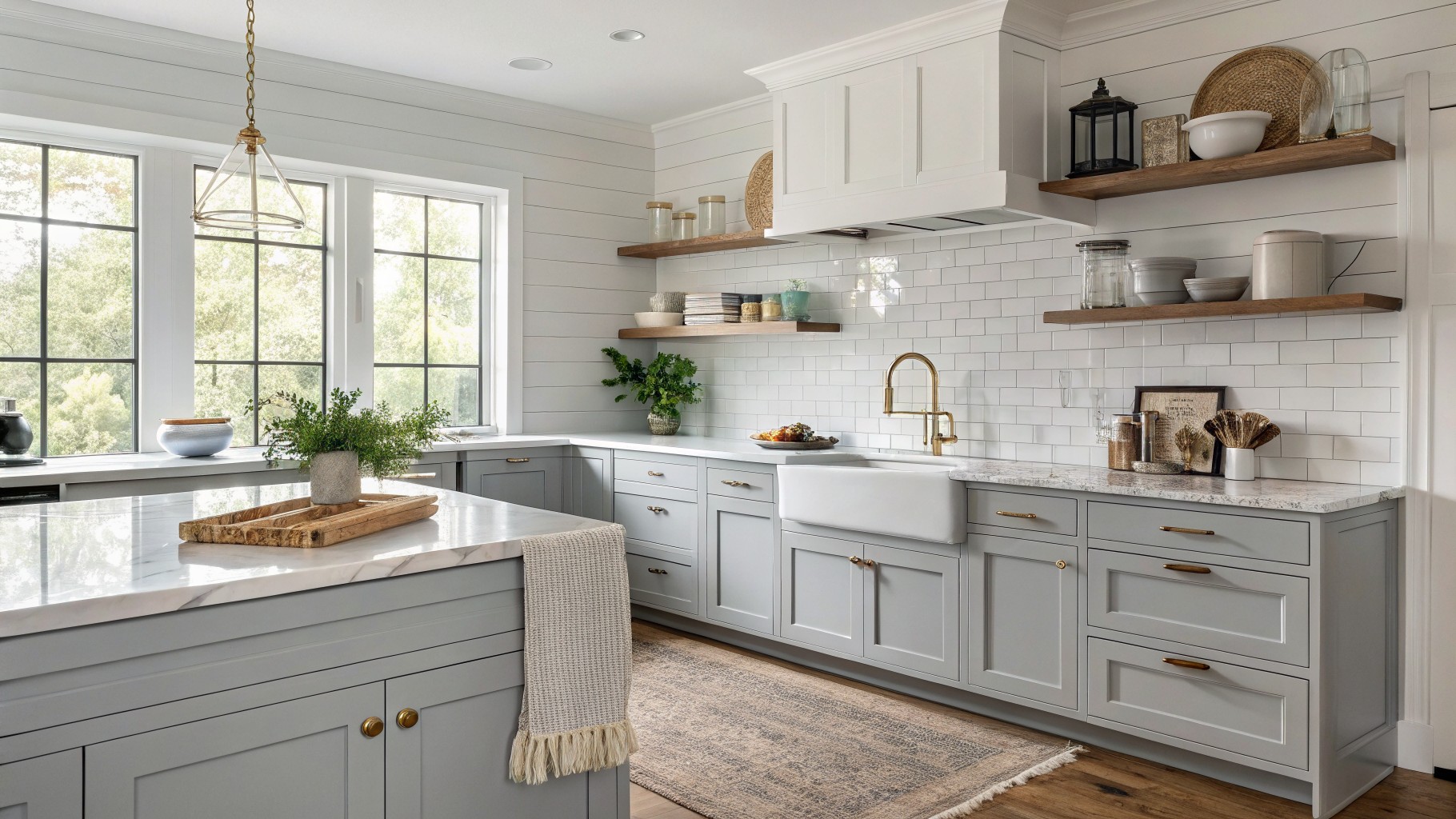 Kitchen with light gray cabinets and marble countertops.