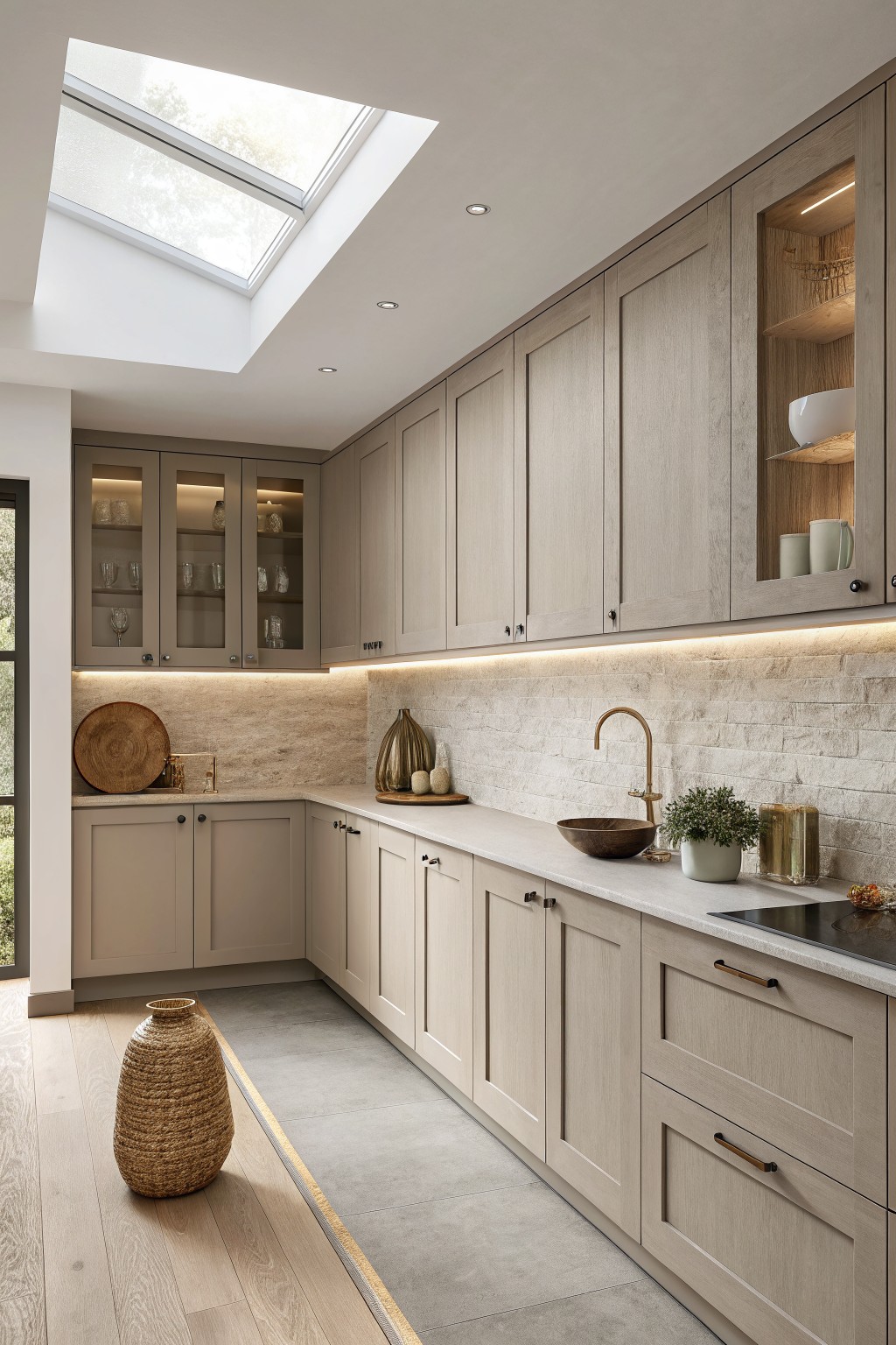 Light greige cabinets line a modern kitchen with wood flooring and a stone backsplash.