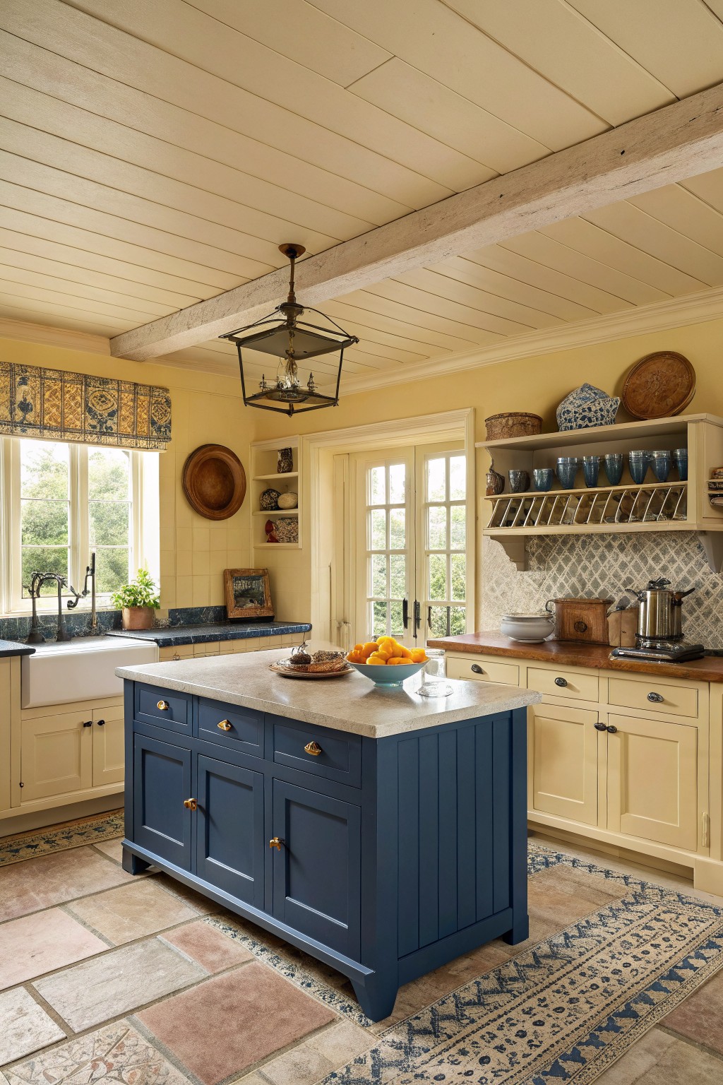 Rustic yellow kitchen with navy island, cream cabinets, white sink, and lantern light.