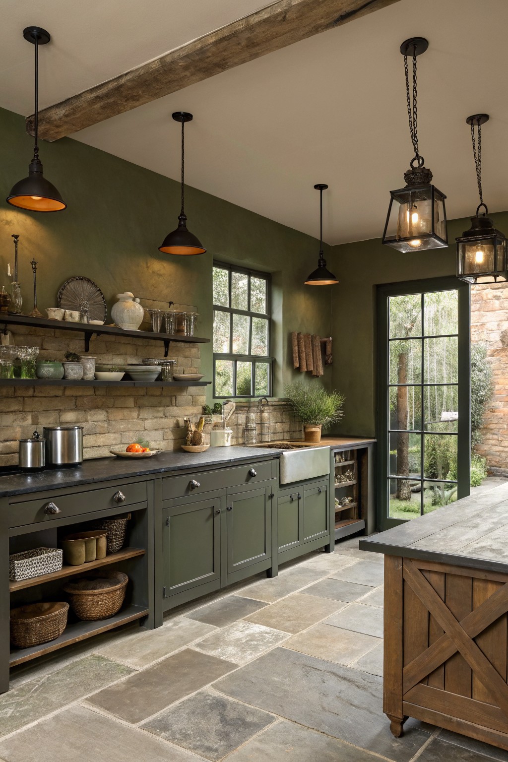 A kitchen with muted sage green walls and cabinetry.