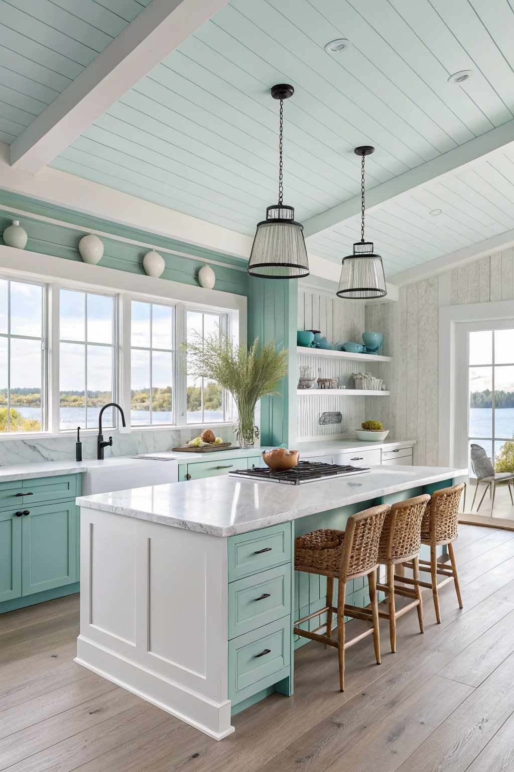 A kitchen with soft mint green walls and cabinetry.