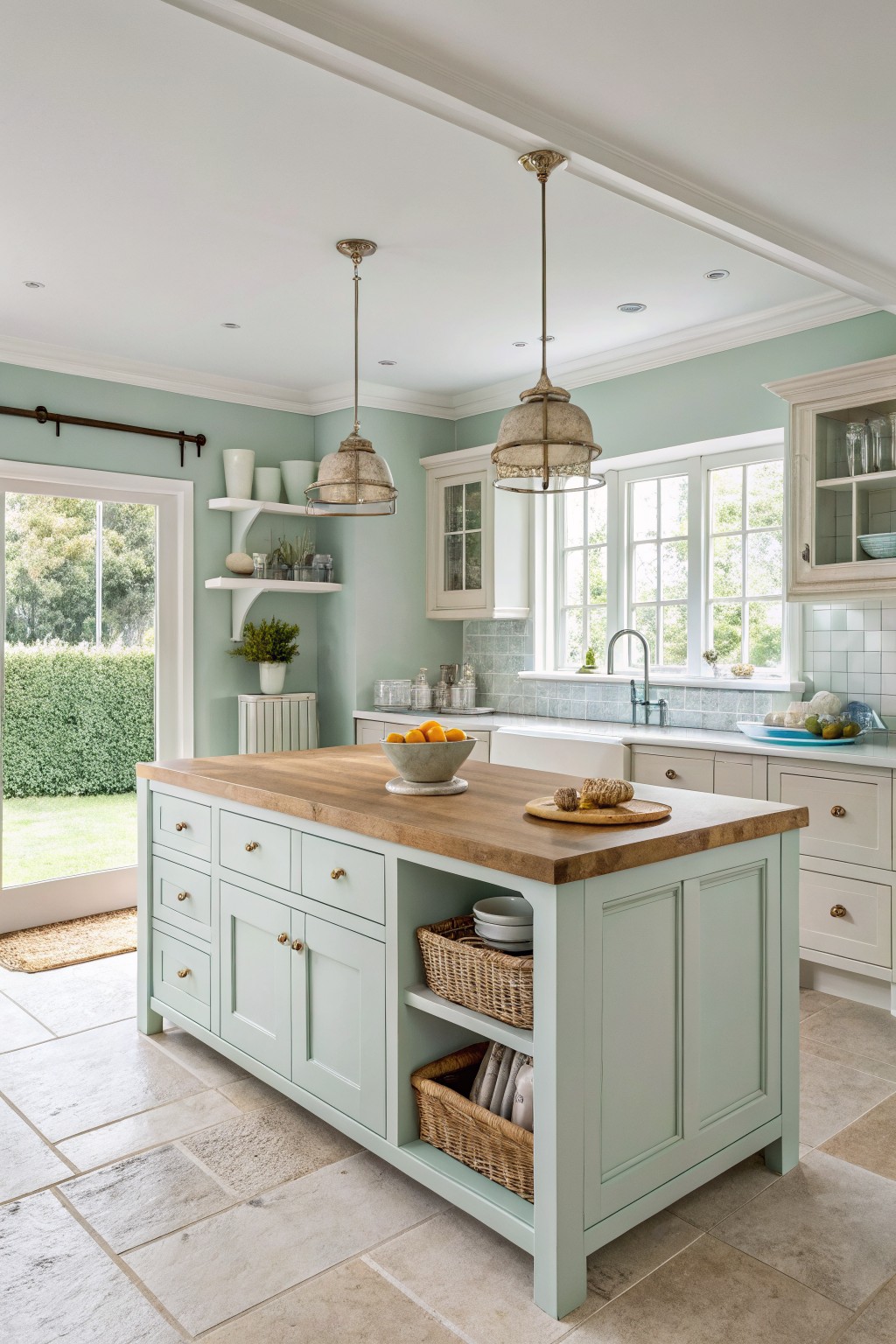 A kitchen with soft sage green cabinets and a wooden island.