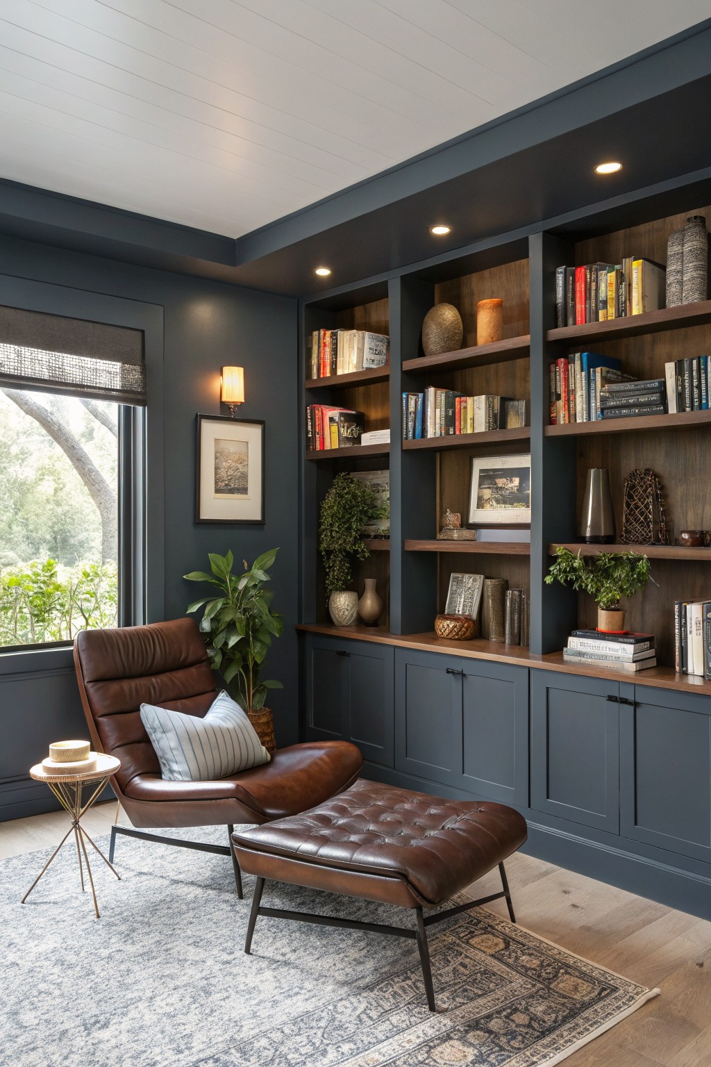 Cozy leather armchair with ottoman beside dark blue built-in bookshelves and window.
