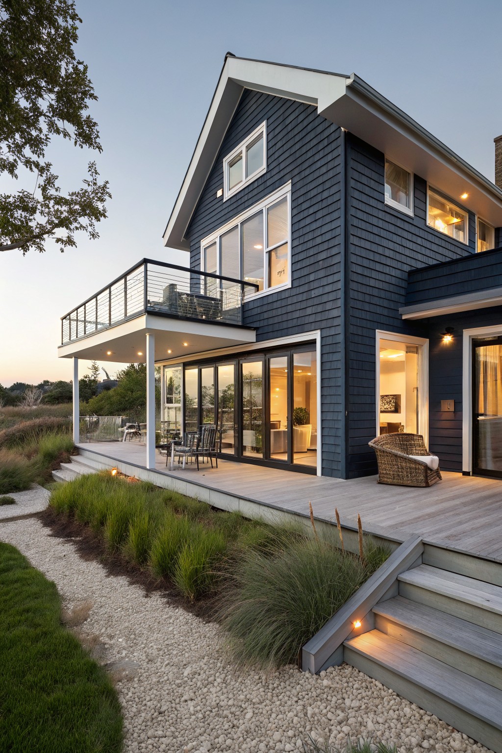 Modern house exterior with deep navy blue siding and a light wood deck.