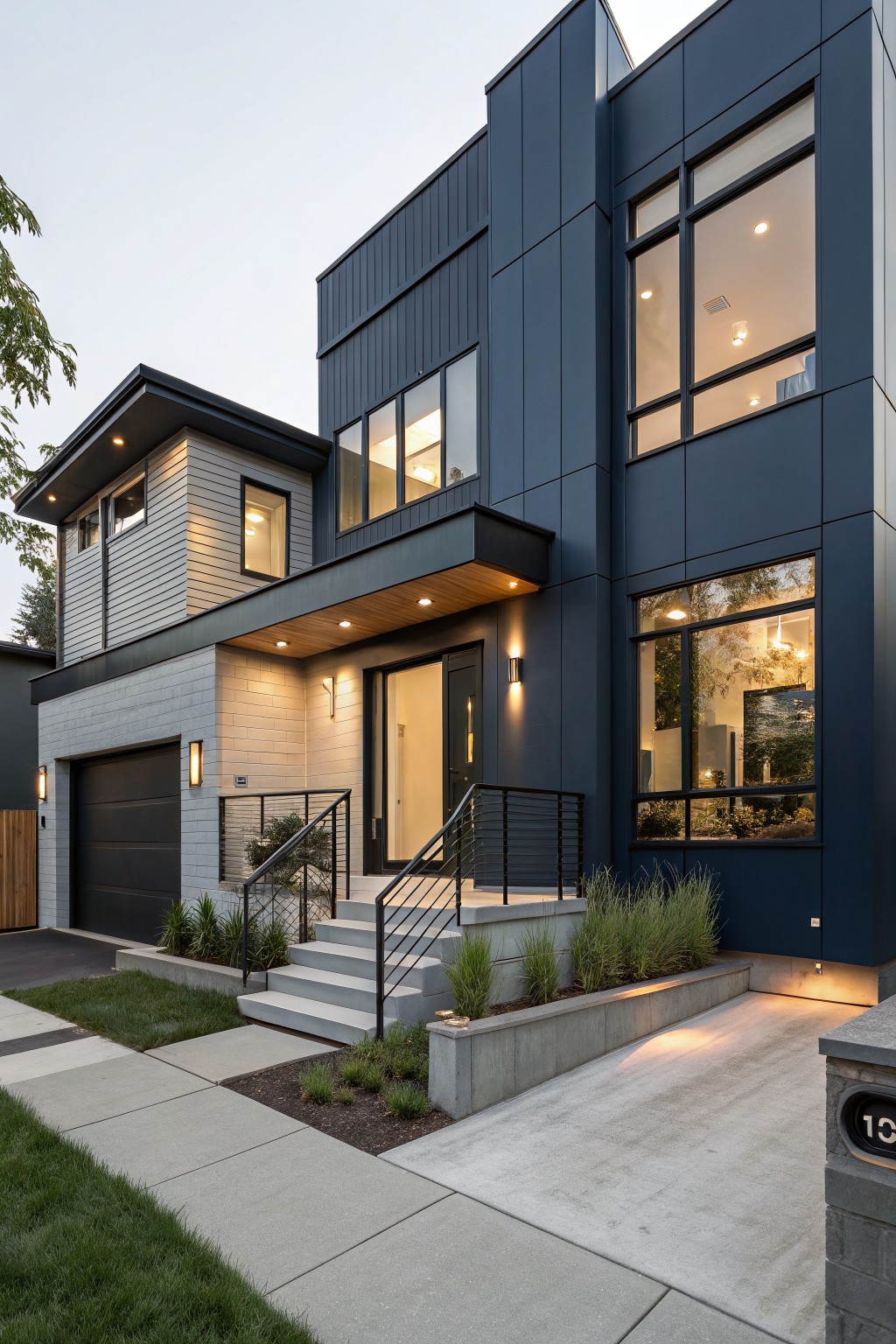 Modern house exterior with deep navy blue siding and large windows.