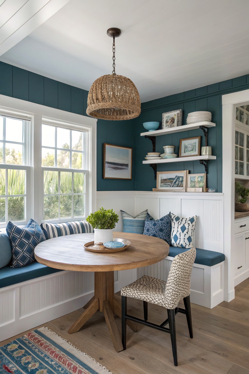 A dining nook with deep navy walls above white wainscoting.