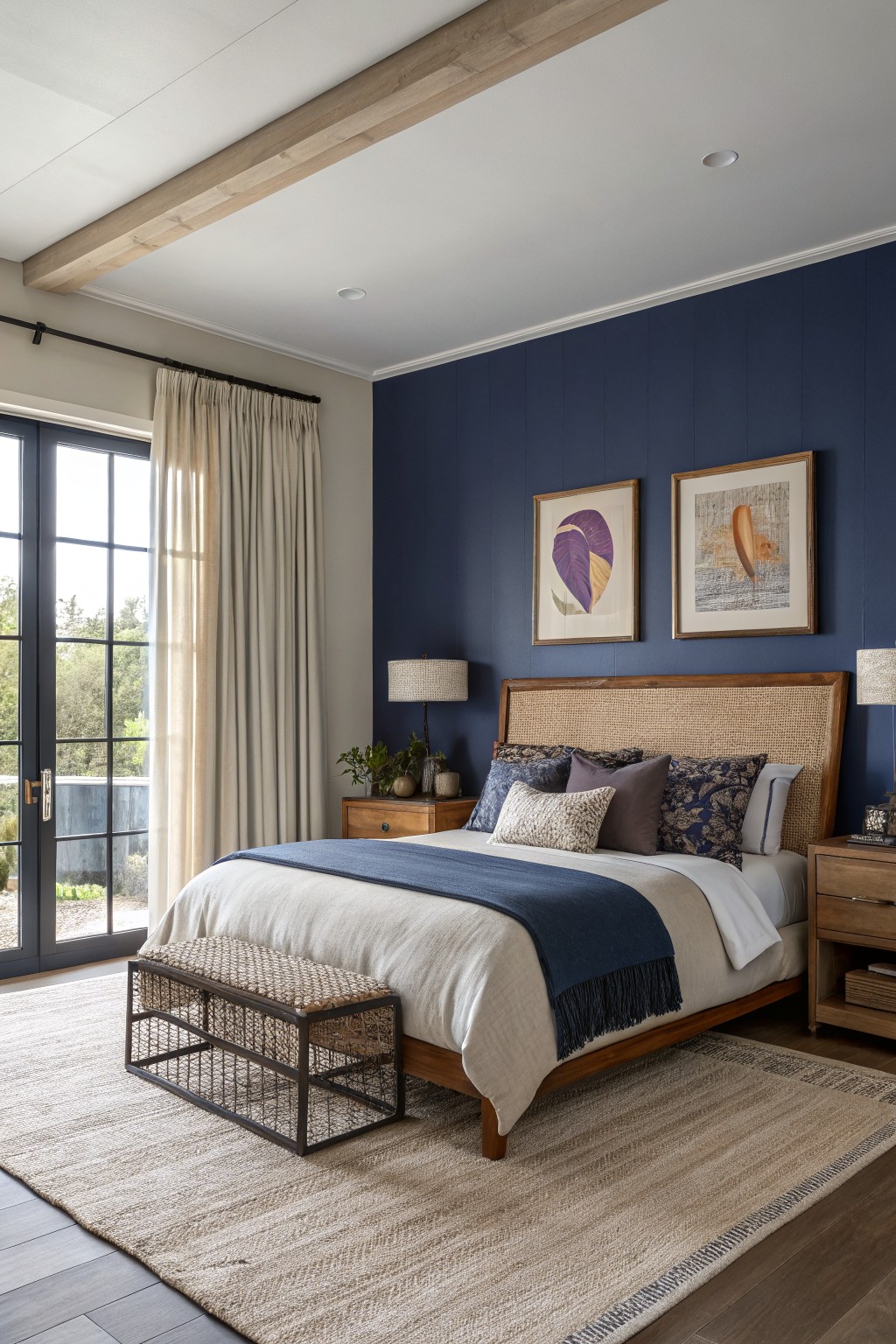 A bedroom featuring deep navy walls behind a wooden bed.