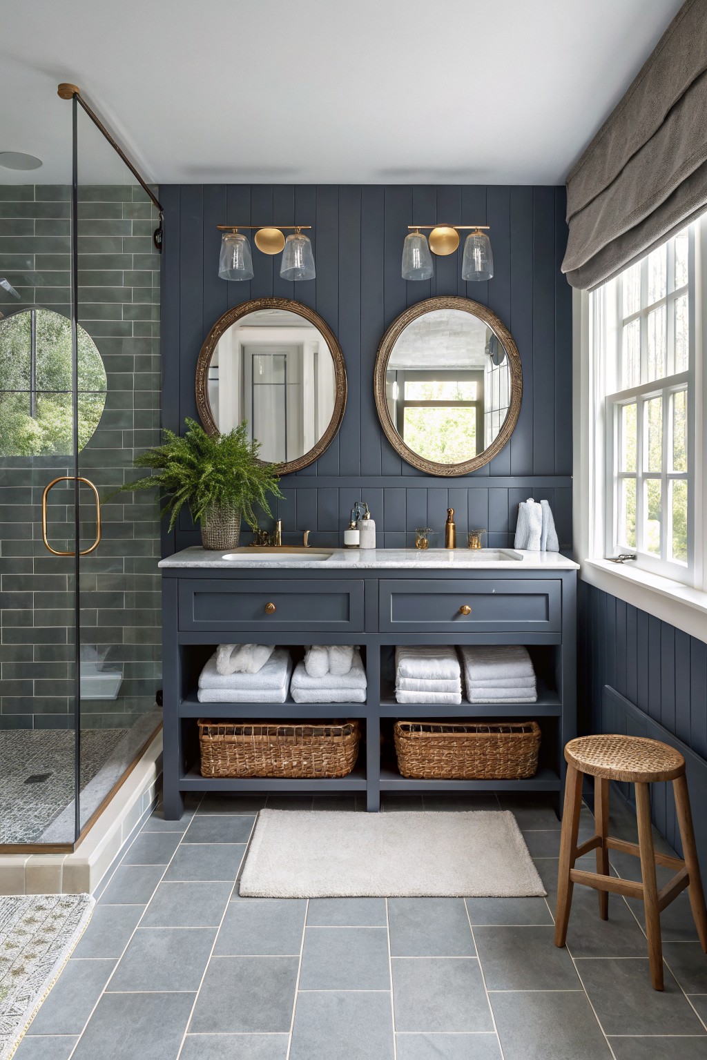 Navy blue walls in a bathroom with a double vanity and round mirrors.