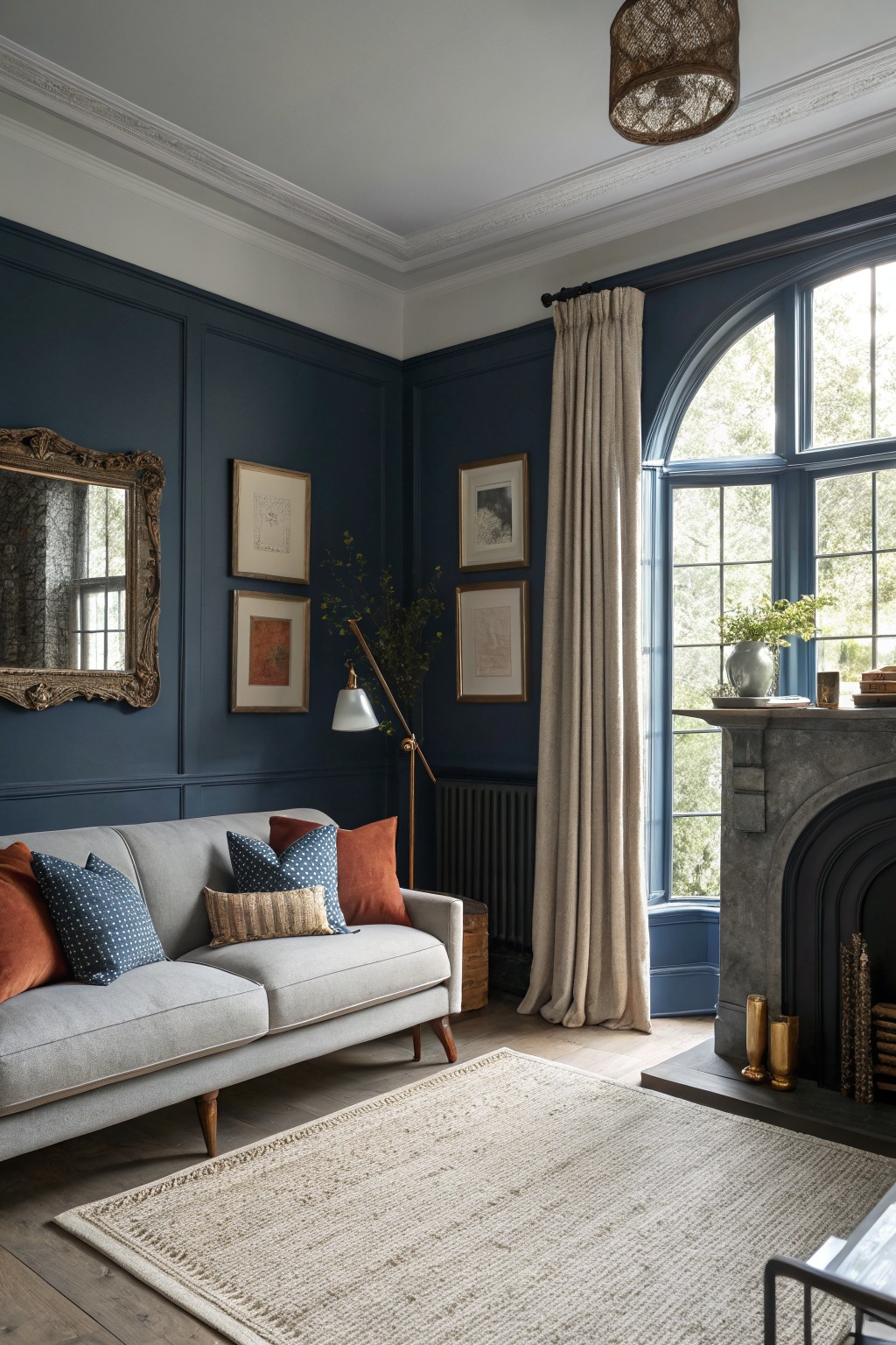 A living room with deep navy blue walls and a gray sofa.