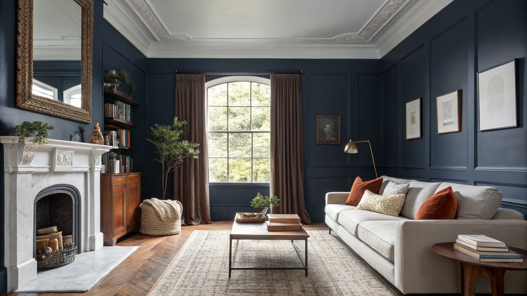 A living room with deep navy blue walls and a gray sofa.