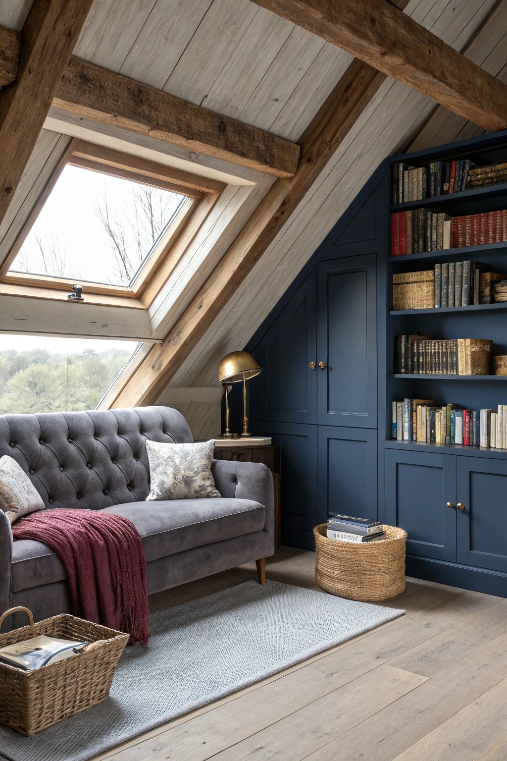 Navy blue built-in bookshelves and cabinetry along an attic wall.