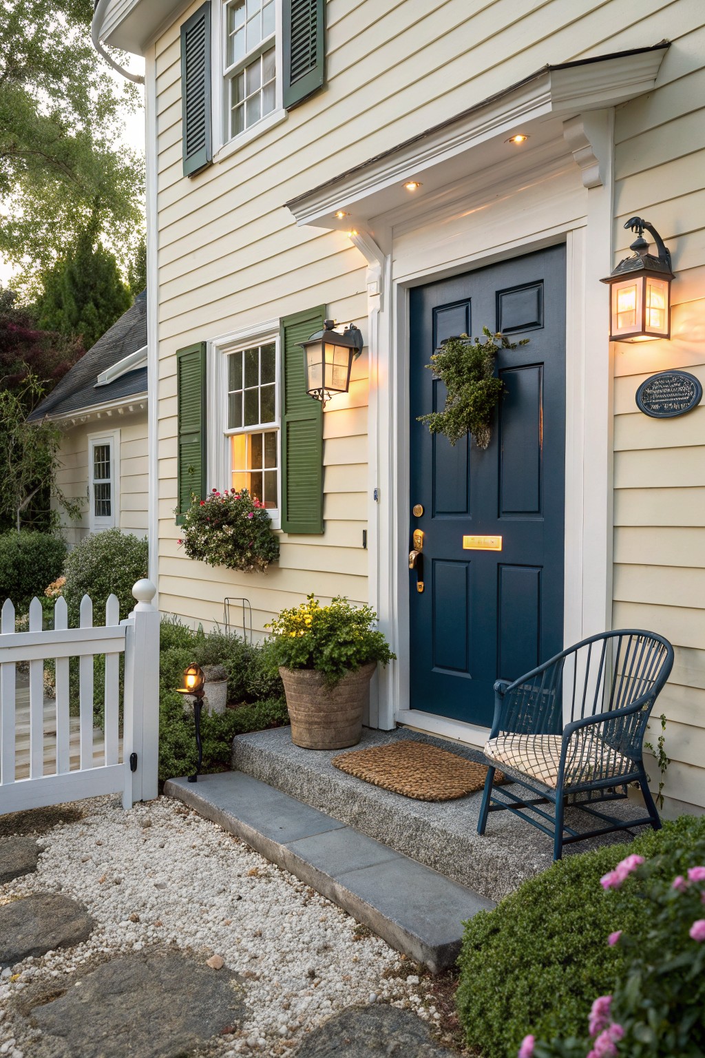 A navy blue front door on a house with light siding.