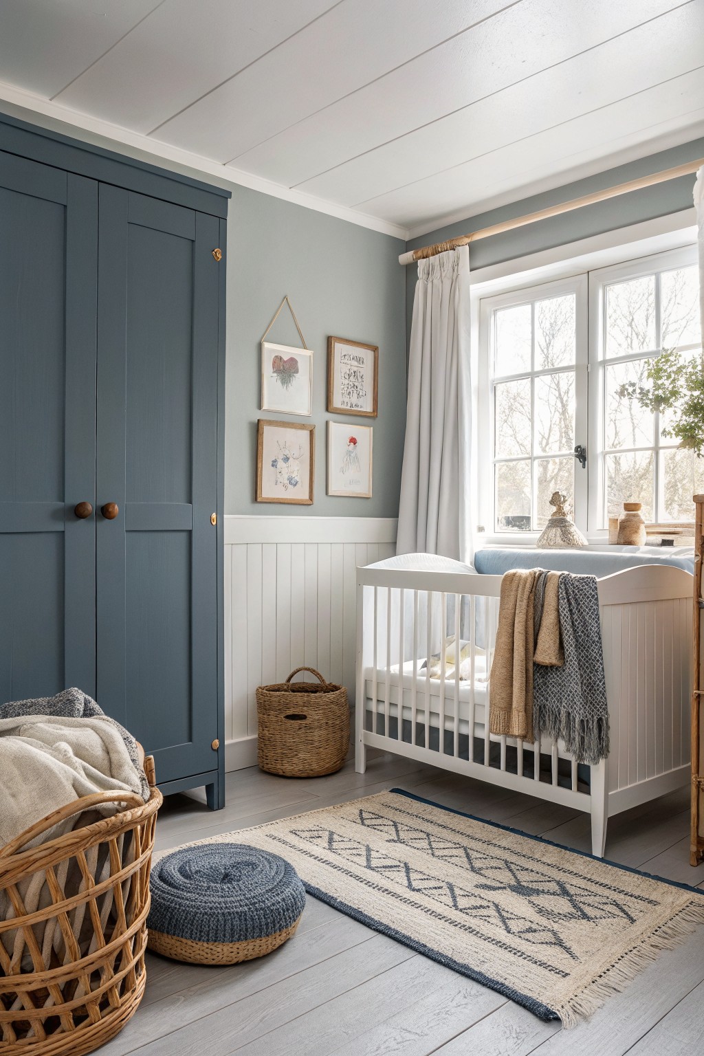 A deep navy blue wardrobe stands against light blue-gray walls in a nursery.