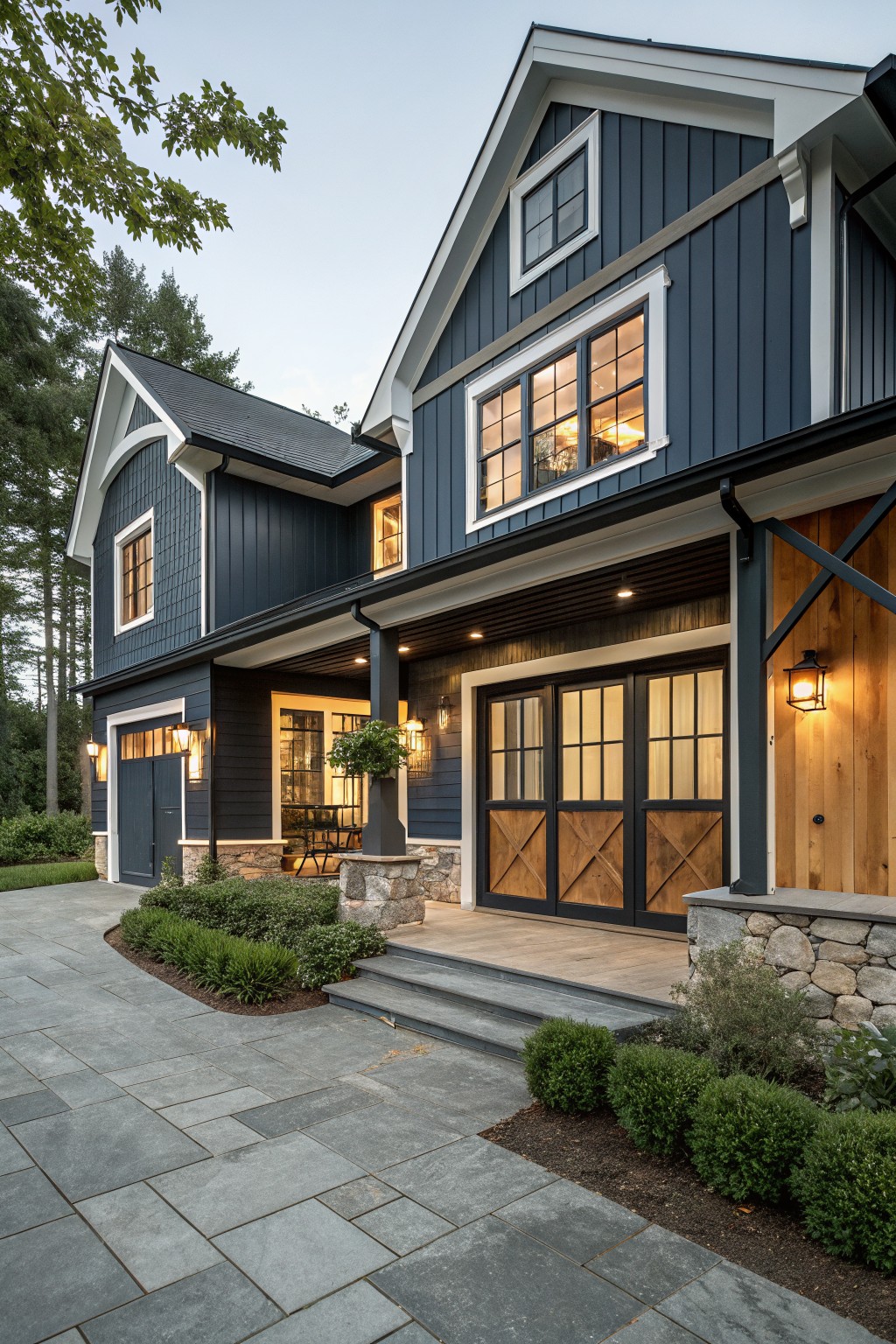 A house exterior painted in deep navy blue siding with white trim.