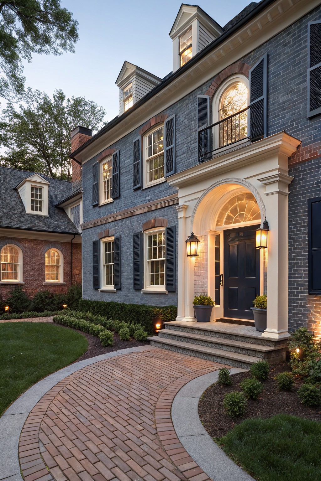 A house exterior painted in deep navy blue siding with white trim.