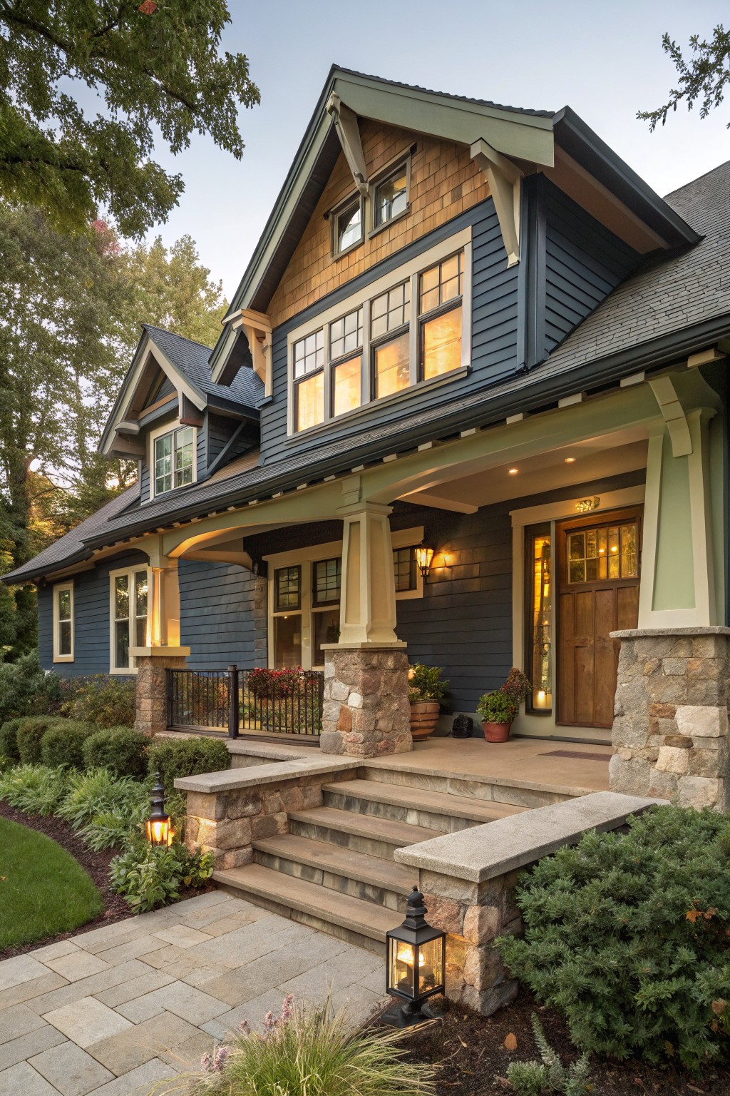 A house exterior painted in deep navy blue siding with stone porch columns.