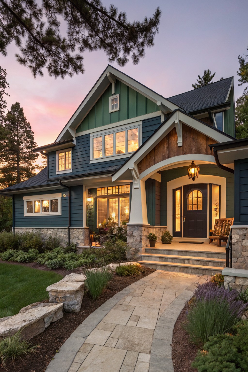 Green and blue craftsman house with stone steps, lit windows, and curved pathway at dusk.