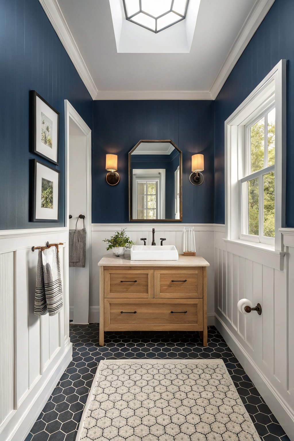 Deep navy walls in a bathroom with white wainscoting and wood vanity.