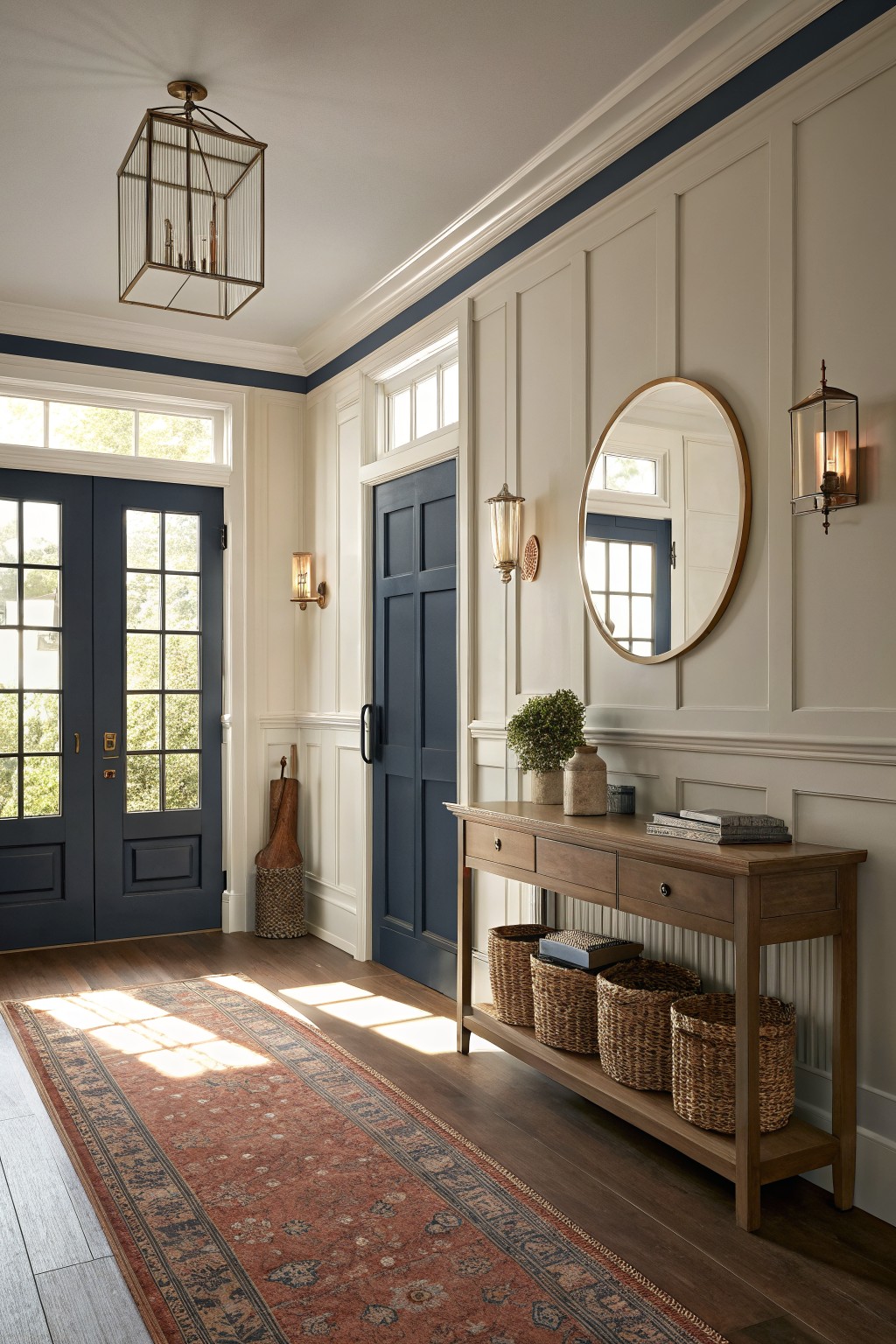 Navy blue doors and a matching wall band in an entry with light paneling.