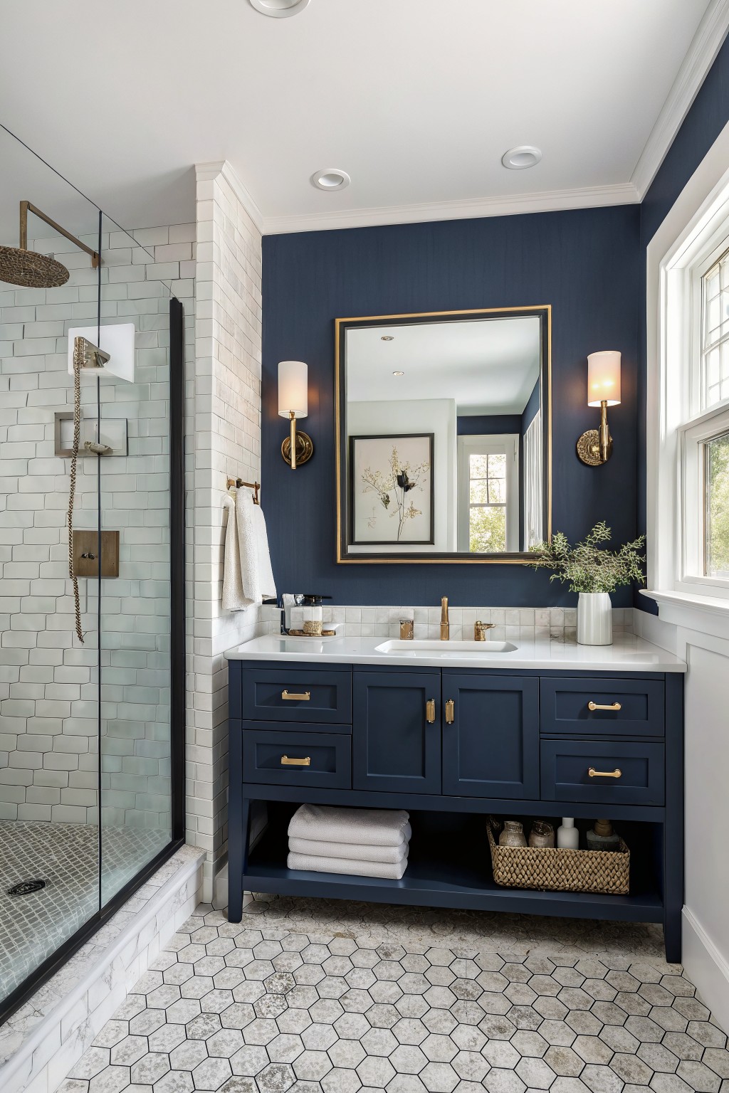 Modern navy blue double vanity bathroom with gold fixtures and glass shower.