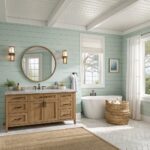 Bathroom with soft light green walls, wood vanity, and white trim.