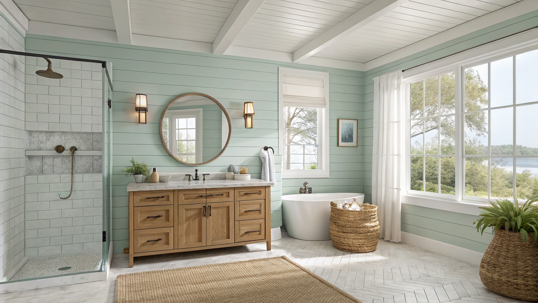 Bathroom with soft light green walls, wood vanity, and white trim.